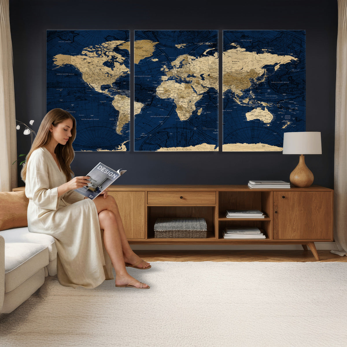 54770746-MGV-CV-36X24 - Navy Blue World Map Canvas Print – Detailed Map Minimal Navy