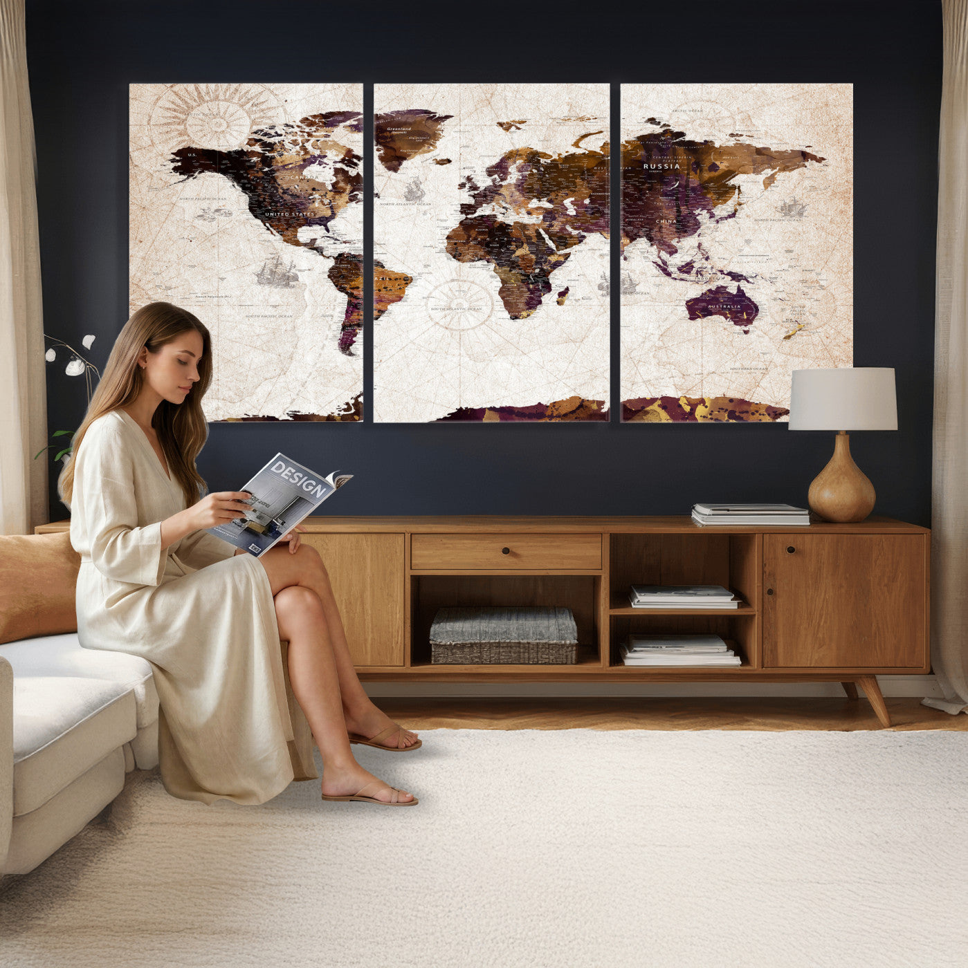 53400857-MGV-CV-36X24 - Blue Watercolor World Map Canvas Print – Framed Modern Wall