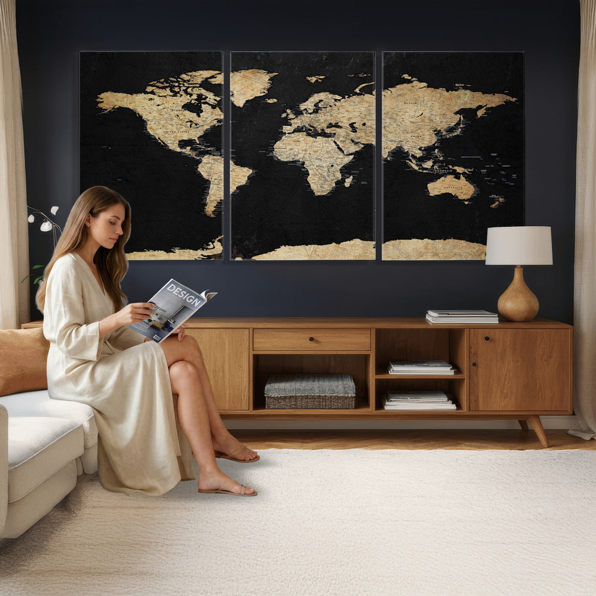 71518849-MGV-CV-36X24 - Beige World Map Canvas Wall Art Print, Minimal Black and