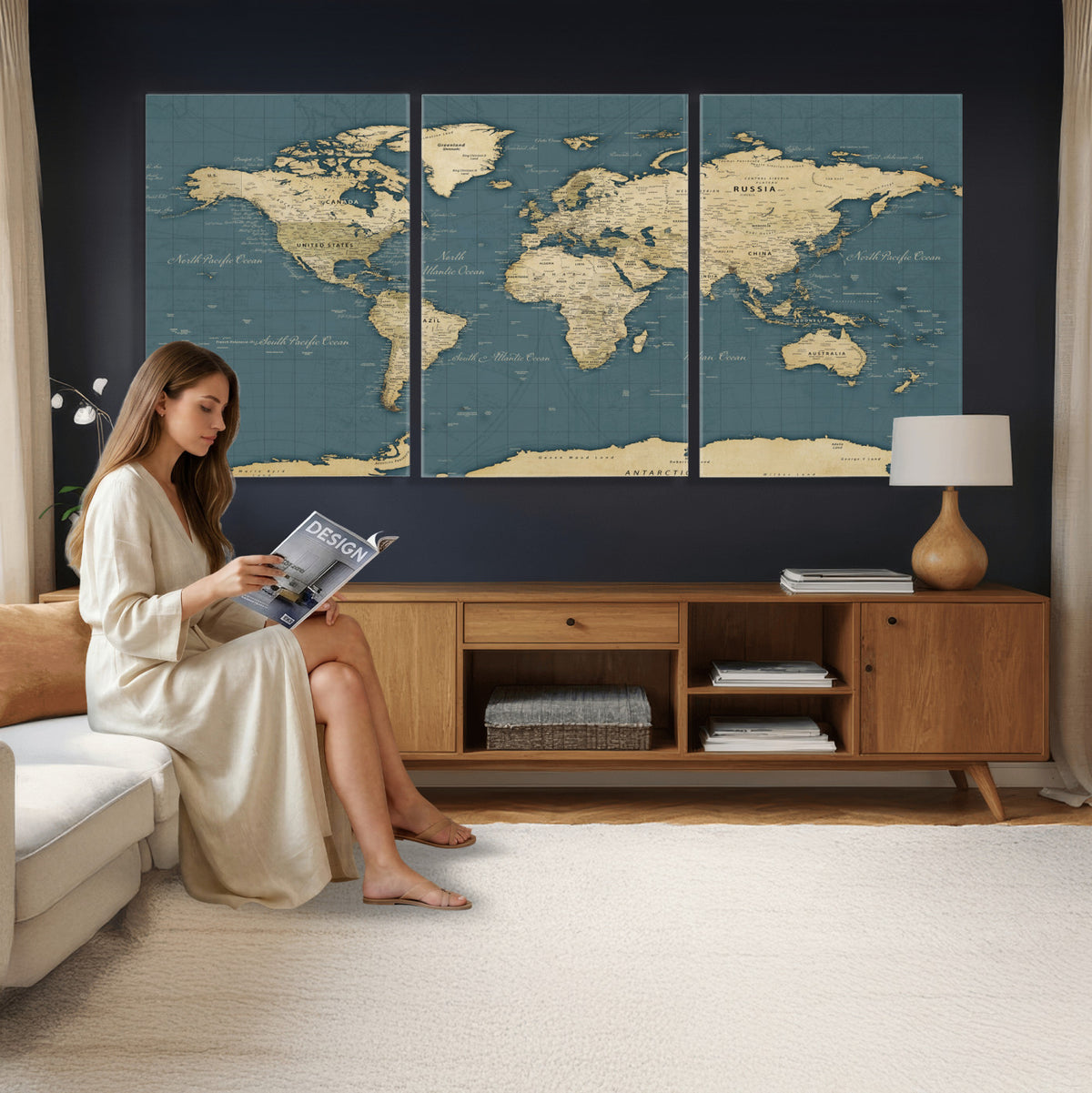 99599383-MGV-CV-36X24 - Minimal Vintage World Map Canvas Wall Art Print, Neutral