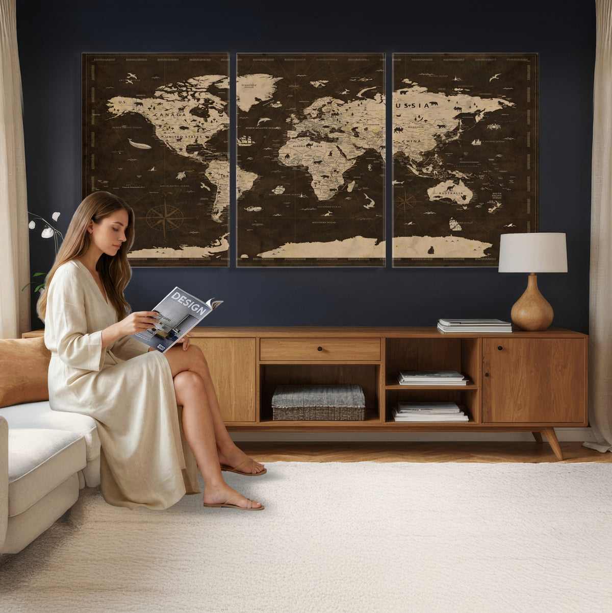 44276398-MGV-CV-36X24 - World Map Wall Art Canvas Print, Modern Decorative Framed Map Artwork Prints for Living Room, Office, Bedroom Wall Decor