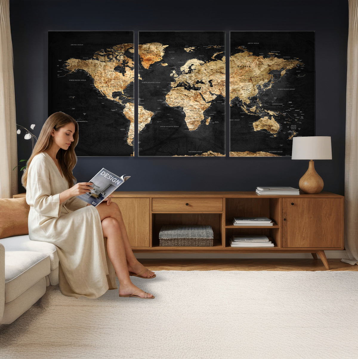 23568589-MGV-CV-36X24 - World Map Wall Art Canvas Print, Modern Decorative Framed Map Artwork Prints for Living Room, Office, Bedroom Wall Decor
