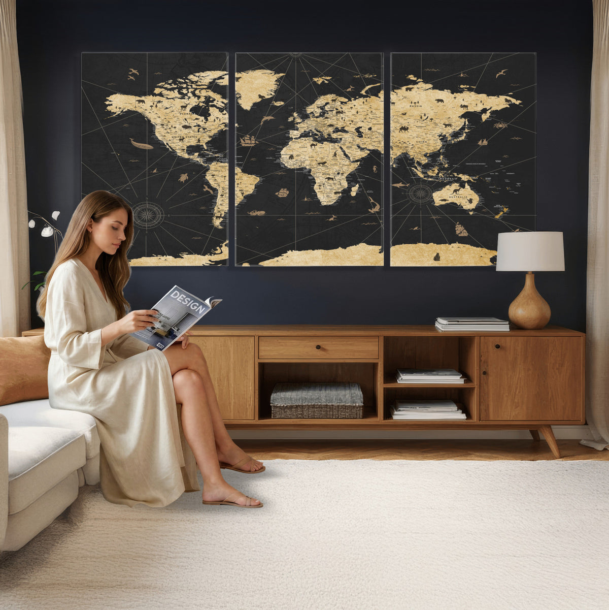80270976-MGV-CV-36X24 - World Map Wall Art Canvas Print, Modern Decorative Framed Map Artwork Prints for Living Room, Office, Bedroom Wall Decor