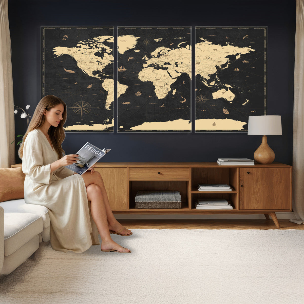 75220264-MGV-CV-36X24 - World Map Wall Art Canvas Print, Modern Decorative Framed Map Artwork Prints for Living Room, Office, Bedroom Wall Decor