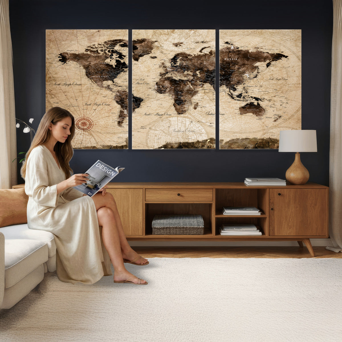 47657418-MGV-CV-36X24 - World Map Wall Art Canvas Print, Modern Decorative Framed Map Artwork Prints for Living Room, Office, Bedroom Wall Decor