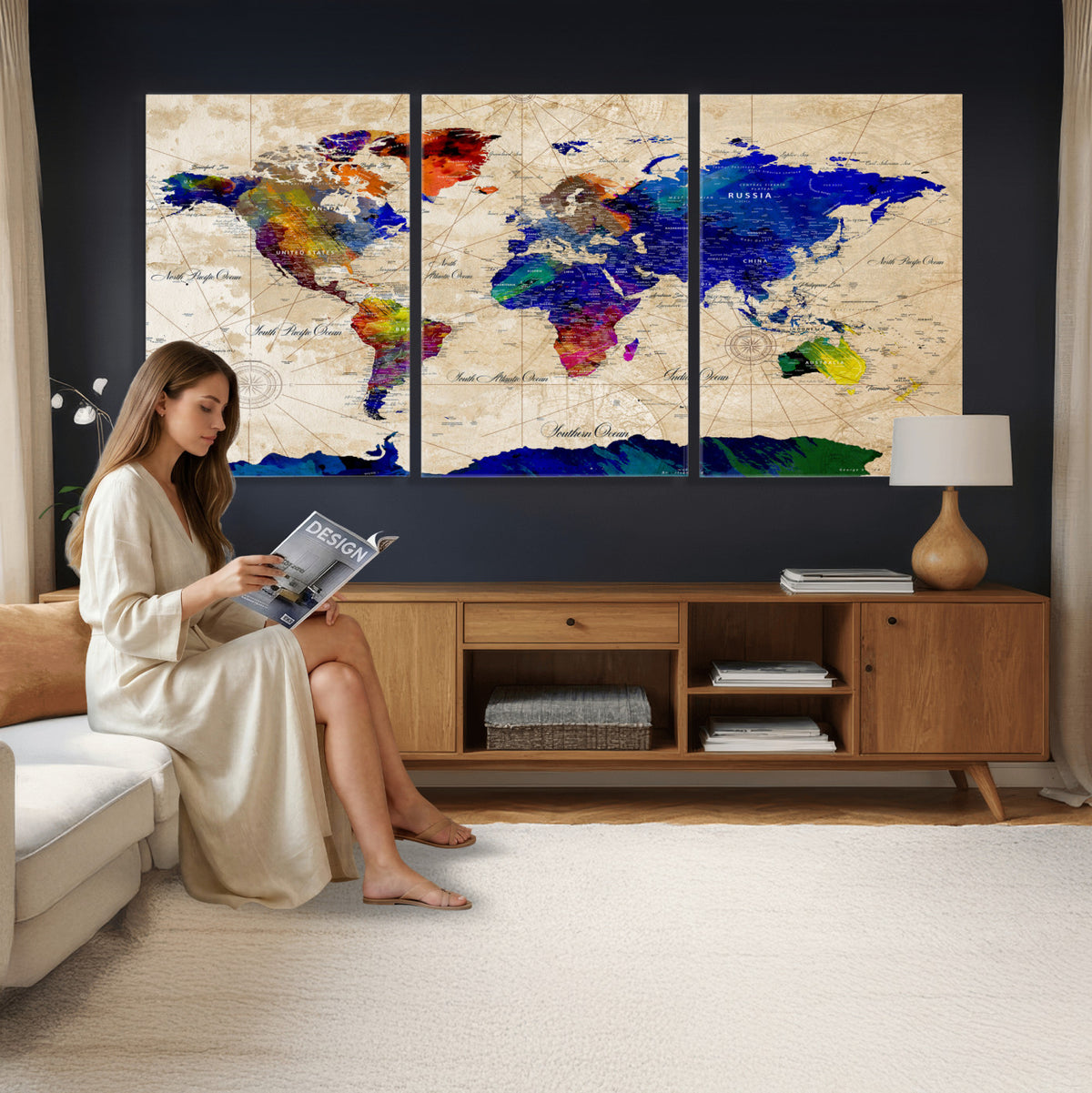 26284075-MGV-CV-36X24 - World Map Wall Art Canvas Print, Modern Decorative Framed Map Artwork Prints for Living Room, Office, Bedroom Wall Decor