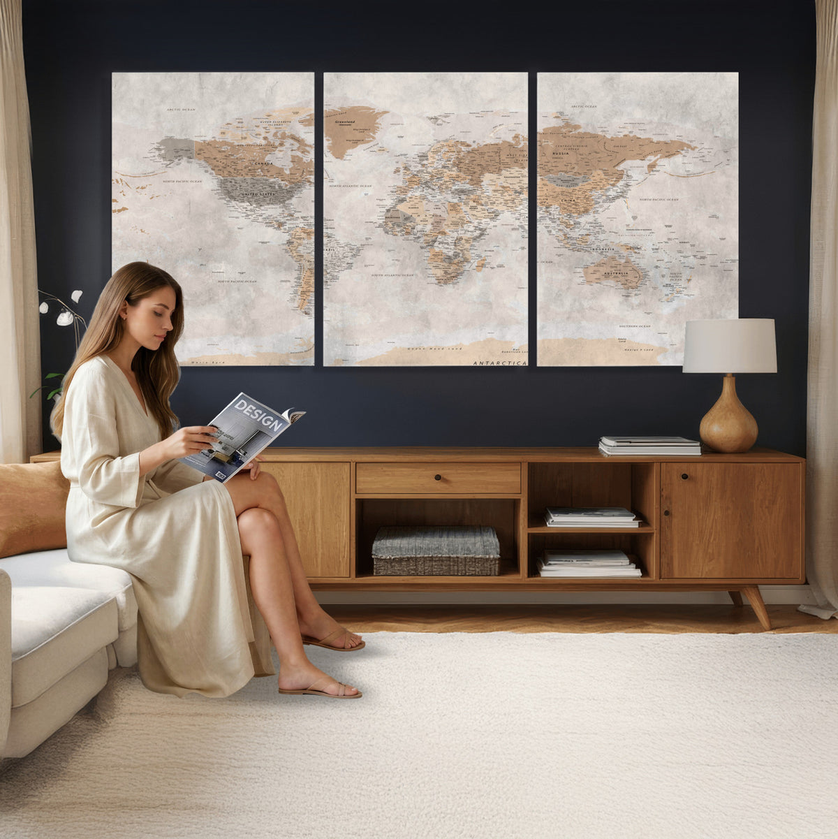 34051638-MGV-CV-36X24 - Detailed World Map Wall Art Canvas Print for Home and Office Decor