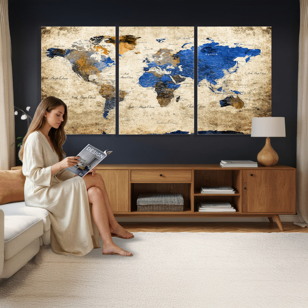 27314341-MGV-CV-36X24 - World Map Wall Art Canvas Print, Modern Decorative Framed Map Artwork Prints for Living Room, Office, Bedroom Wall Decor