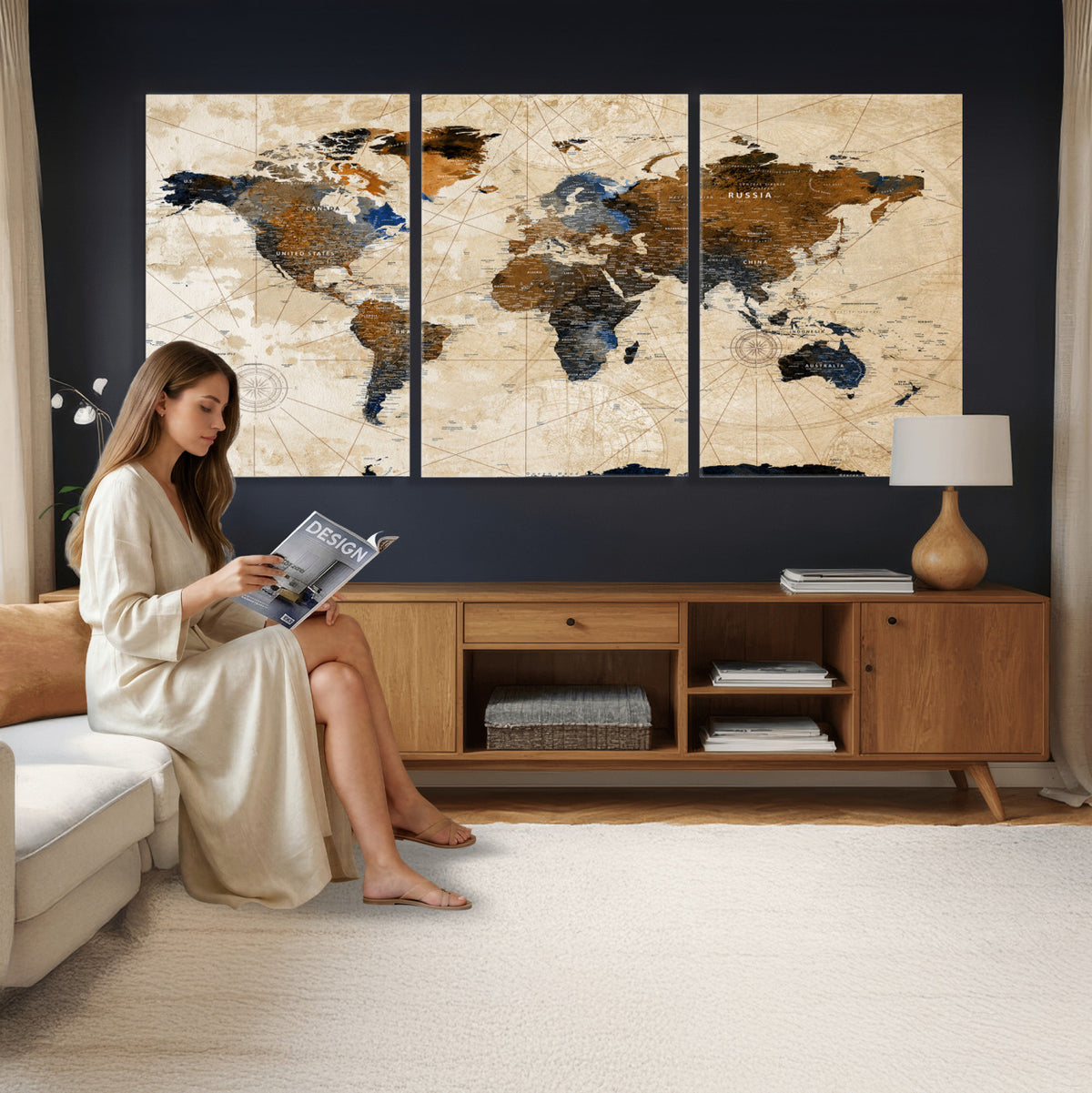 15727090-MGV-CV-36X24 - World Map Wall Art Canvas Print, Modern Decorative Framed Map Artwork Prints for Living Room, Office, Bedroom Wall Decor