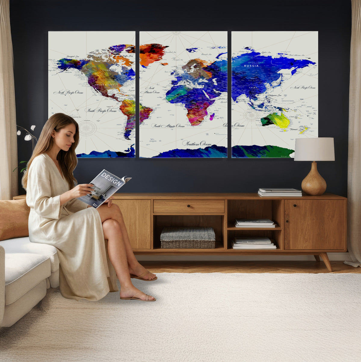 49670038-MGV-CV-36X24 - World Map Wall Art Canvas Print, Modern Decorative Framed Map Artwork Prints for Living Room, Office, Bedroom Wall Decor