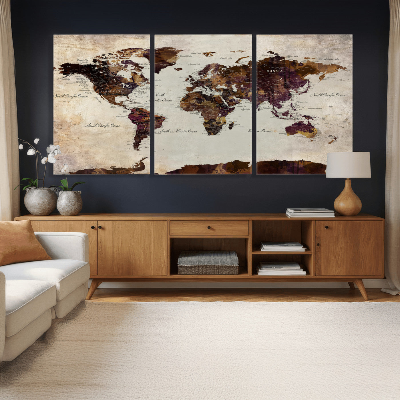 50611123-MGV-CV-36X24 - World Map Canvas Triptych – Colorful Global Wall Art for Living Rooms, Offices, and Study Spaces