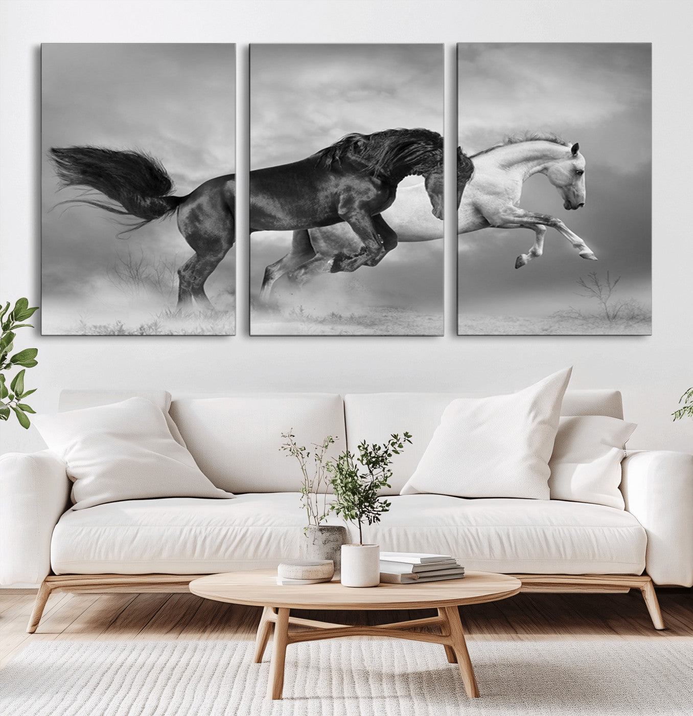 93546-MGV-CV-36X24-Wild Horses Wall Art Canvas Print – Framed Black and White Galloping Horses Dynamic Animal Artwork for Home, Office