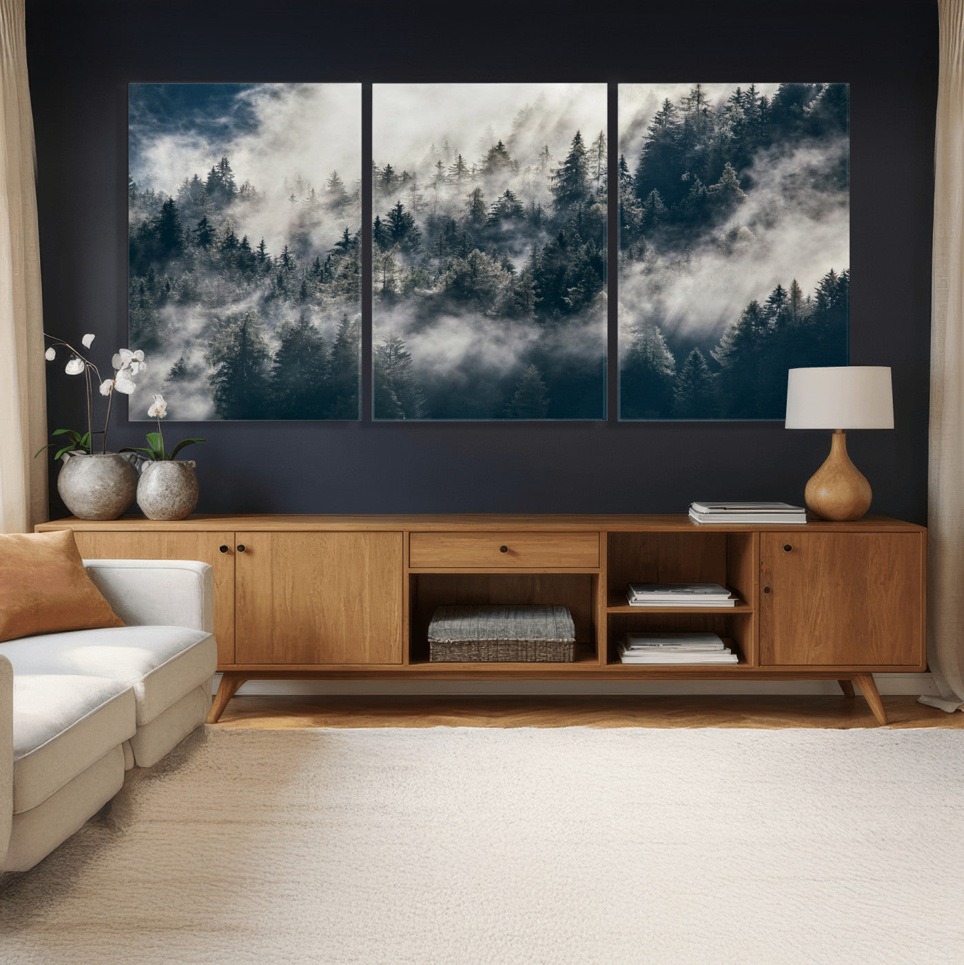 63405824-MGV-CV-36X24 - Foggy Mountain Forest Canvas Print, Misty Pine Trees Nature Wall Art, Framed Canvas Ready to Hang