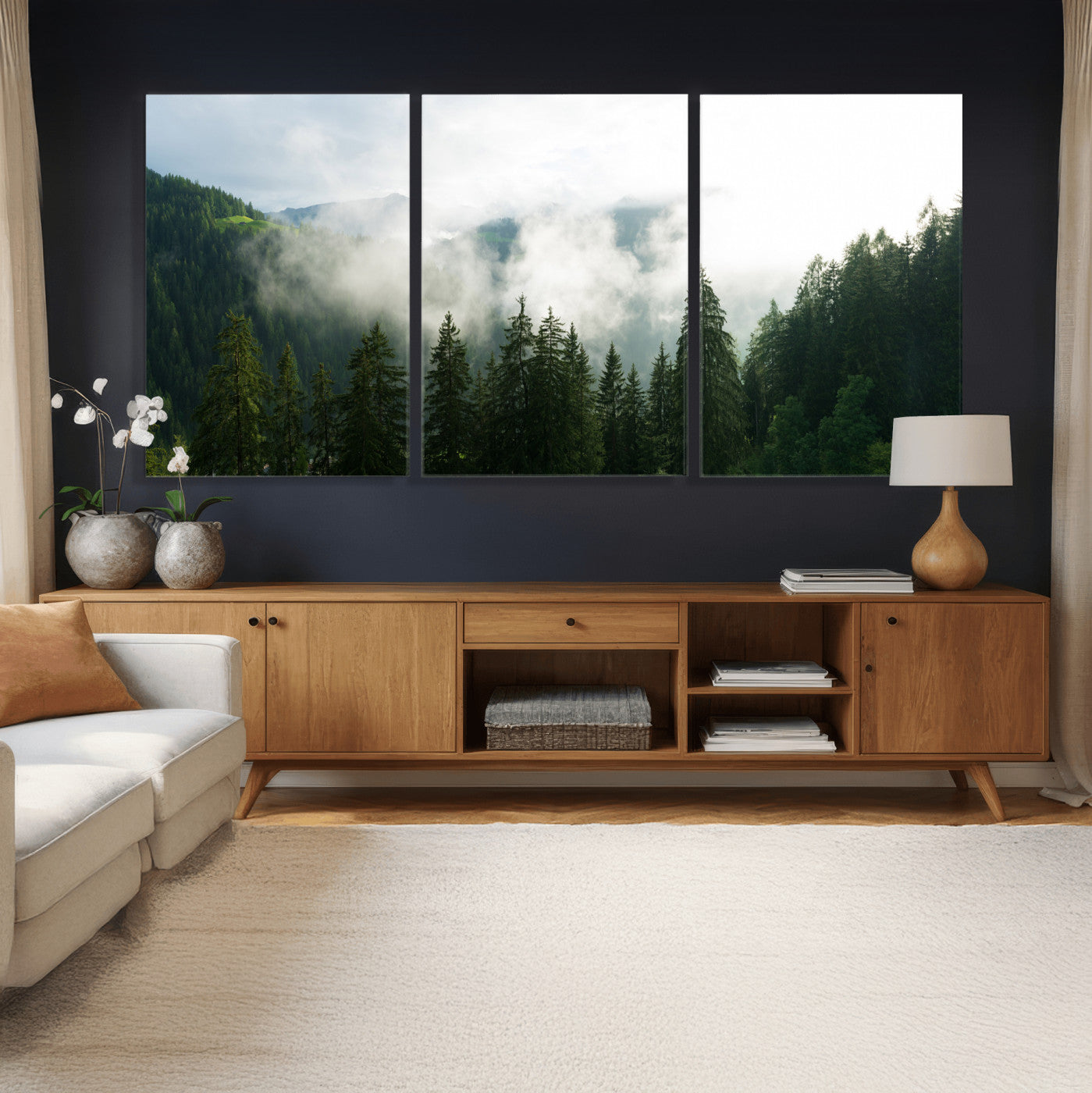 67174129-MGV-CV-36X24 - Misty Mountain Forest Canvas Print, Foggy Pine Trees Nature Wall Art, Framed Canvas Ready to Hang