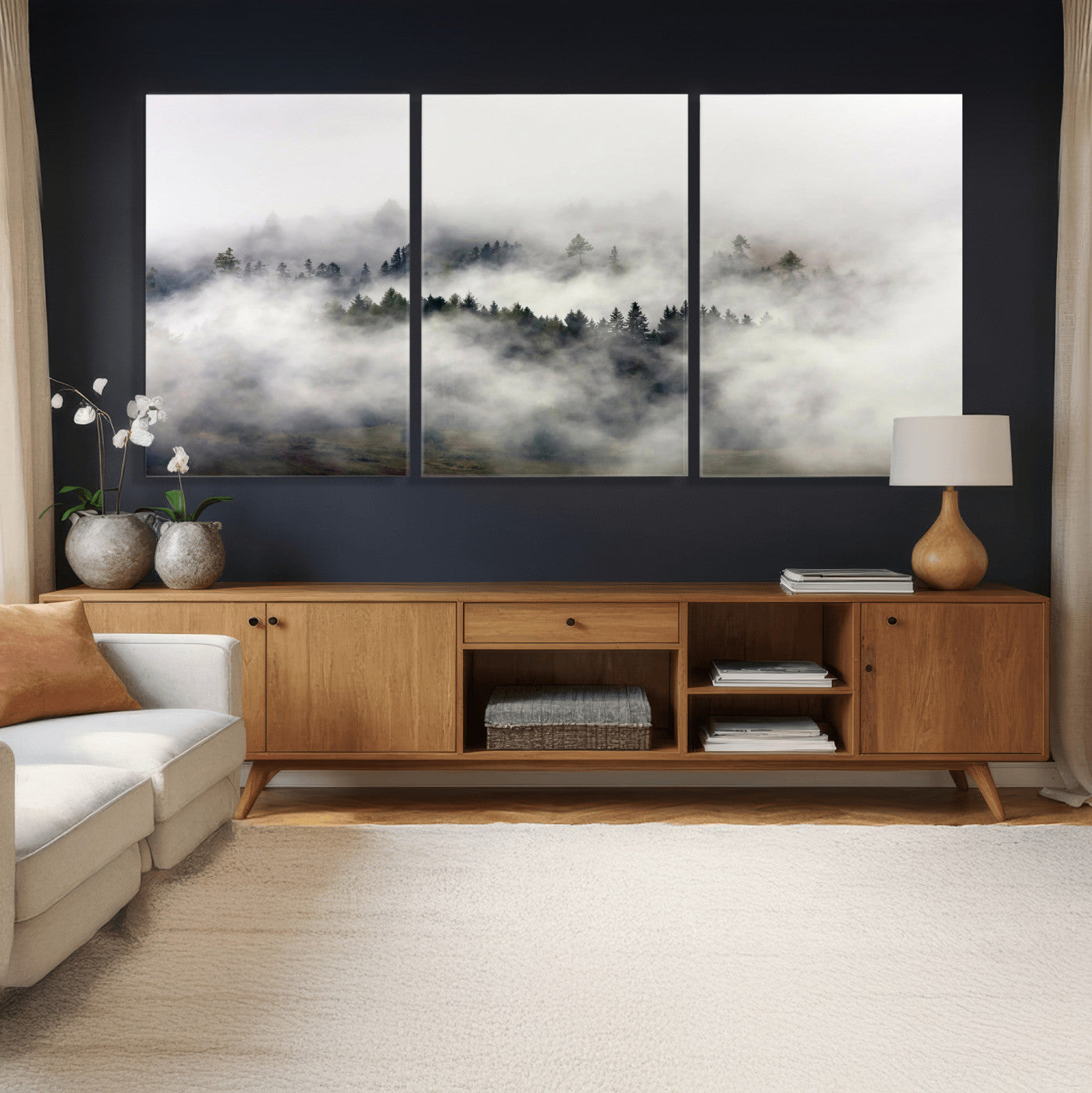 63235457-MGV-CV-36X24 - Foggy Forest Wall Art Canvas Print, Misty Pine Tree Landscape Wall Art Print, Framed Wall Art Ready to Hang