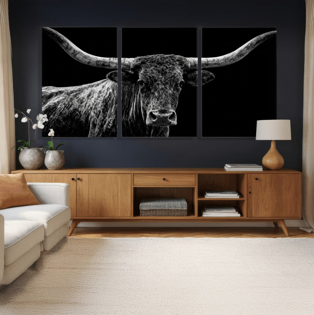 Vintage Texas Longhorn Bull Wall Art Canvas Print, Texas Cow Portrait