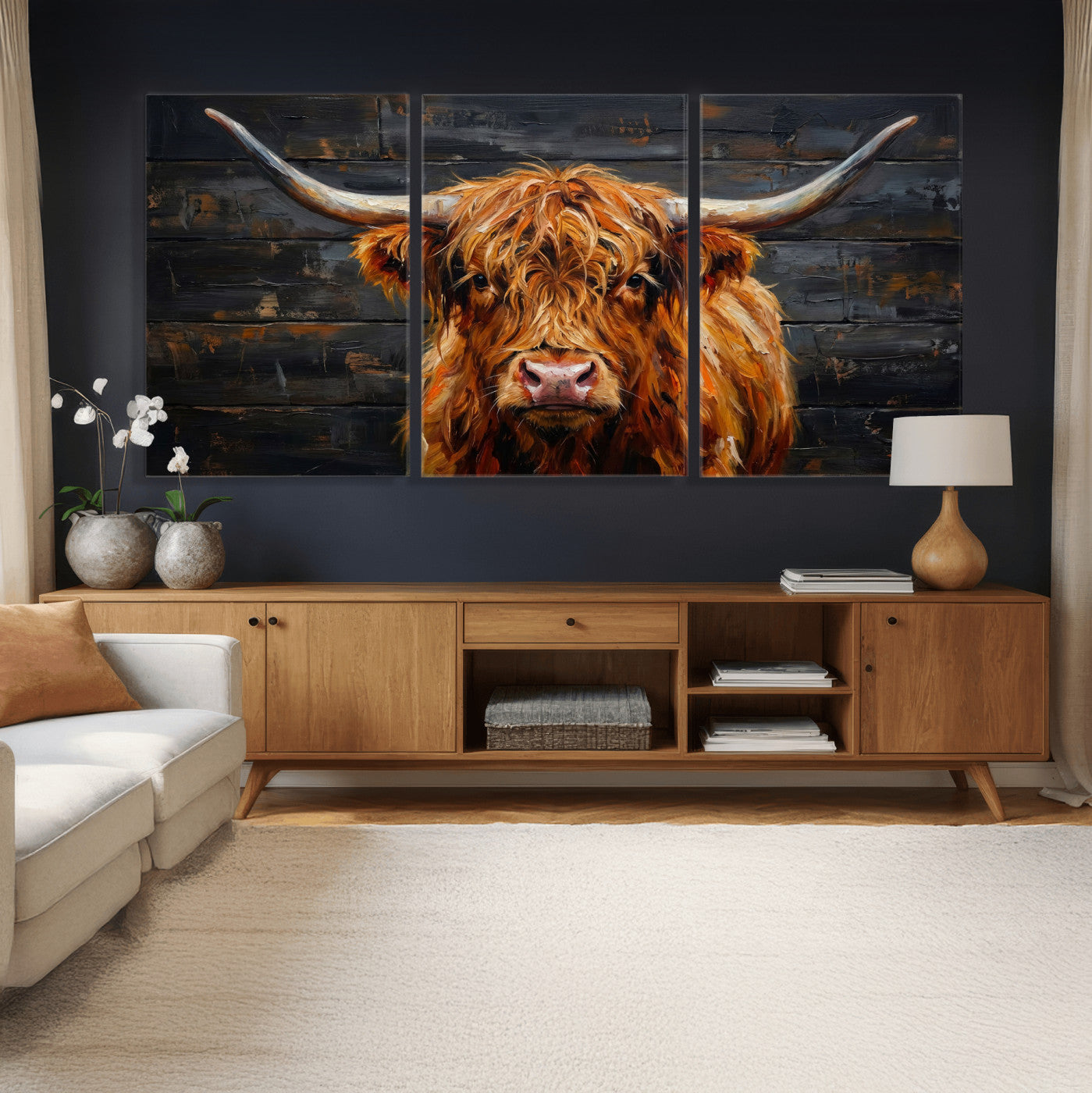 32536611-MGV-CV-36X24 - Highland Cow Wall Art Canvas Print, Rustic Farm Animal Painting, Framed Wall Art Ready to Hang