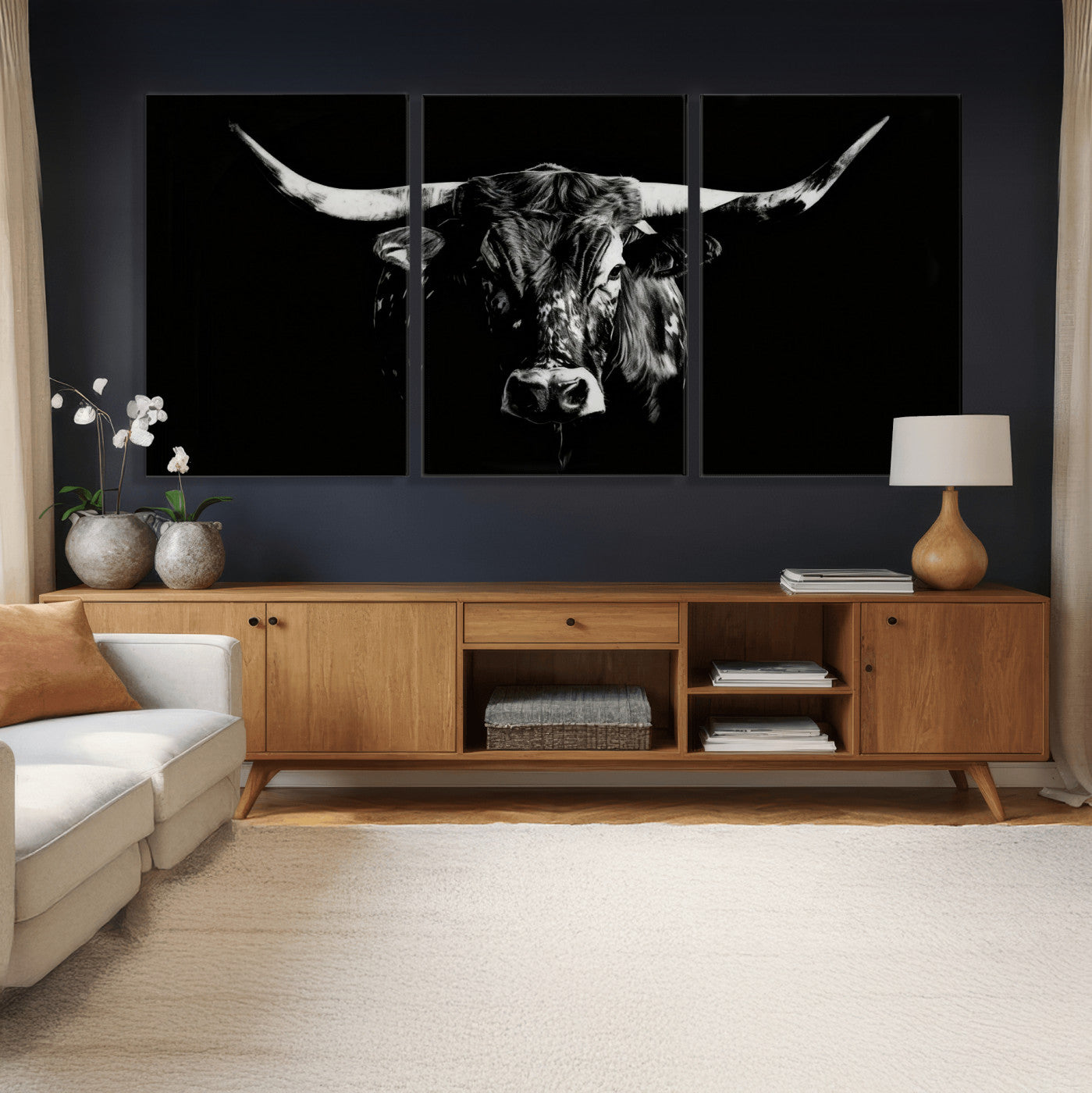 21436434-MGV-CV-36X24 - Black Bull Wall Art Canvas Print, Dark Longhorn Portrait Photography, Framed Wall Art Ready to Hang