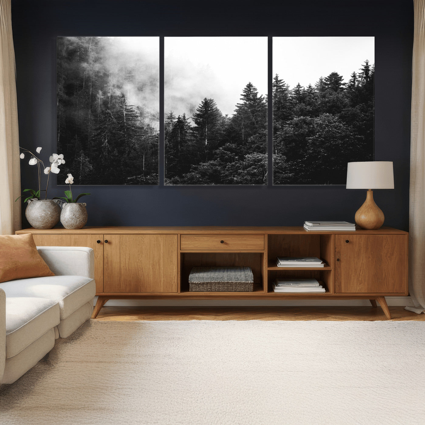 98764151-MGV-CV-36X24 - Black and White Forest Wall Art Canvas Print, Misty Pine Tree Landscape Photography, Framed Wall Art Ready to Hang