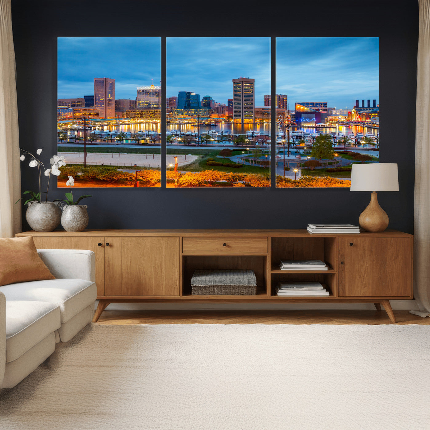 78635089-MGV-CV-36X24 - Baltimore Skyline Wall Art Canvas Print, Baltimore Downtown Night Cityscape Print for Modern Urban Wall Decor