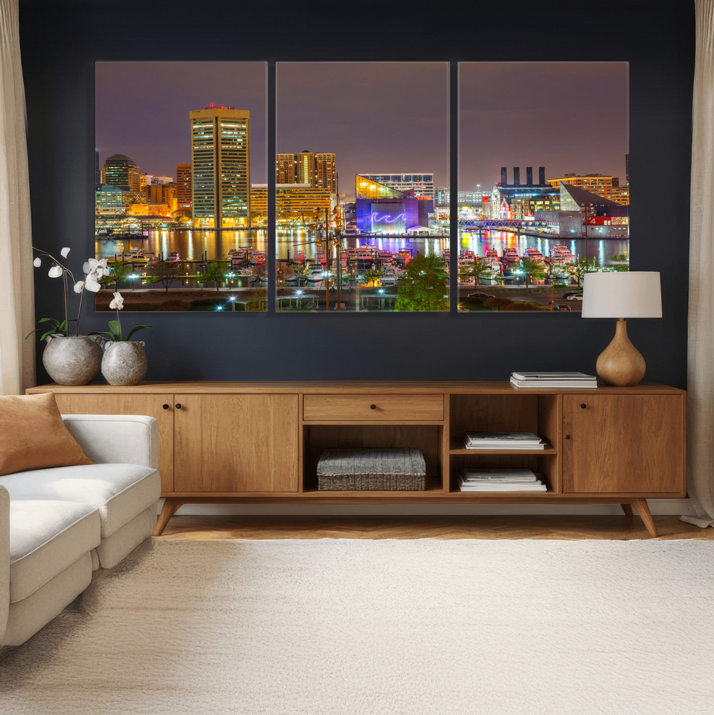 42654823-MGV-CV-36X24 - Baltimore Skyline Wall Art Canvas Print, Baltimore Downtown Night Cityscape Print for Modern Urban Wall Decor