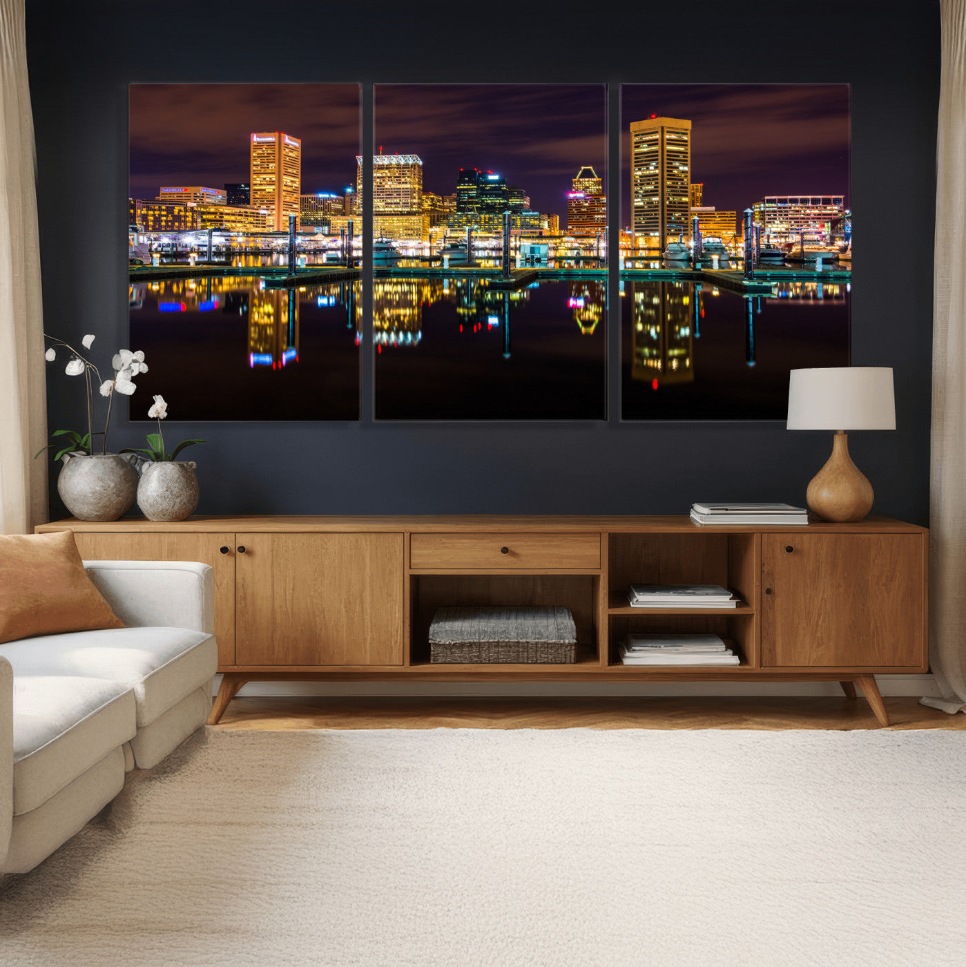 38201692-MGV-CV-36X24 - Baltimore Skyline Wall Art Canvas Print, Baltimore Downtown Night Cityscape Print for Modern Urban Wall Decor