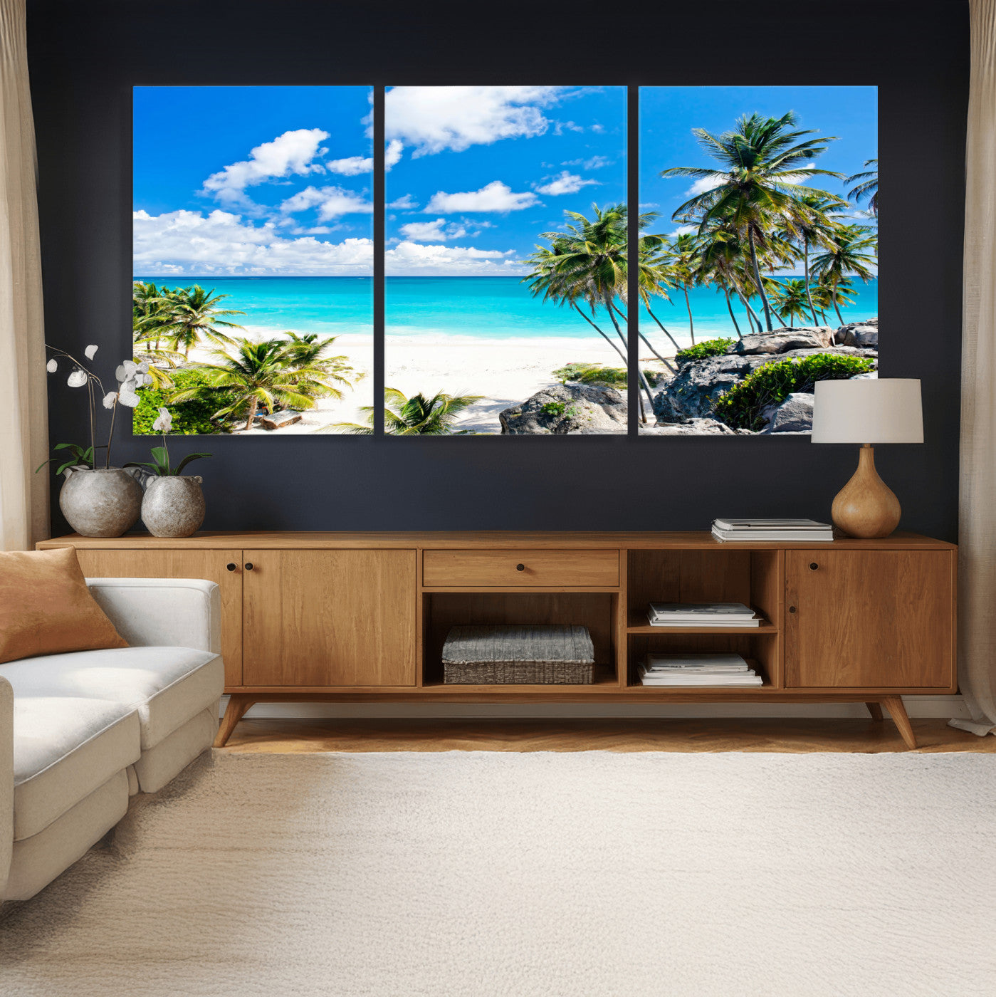 29232878-MGV-CV-36X24 - Barbados Beach Wall Art Canvas Print, Palm Tree Ocean Landscape, Turquoise Sea Coastal Photography, Tropical Island Wall Decor, Framed Ready to Hang