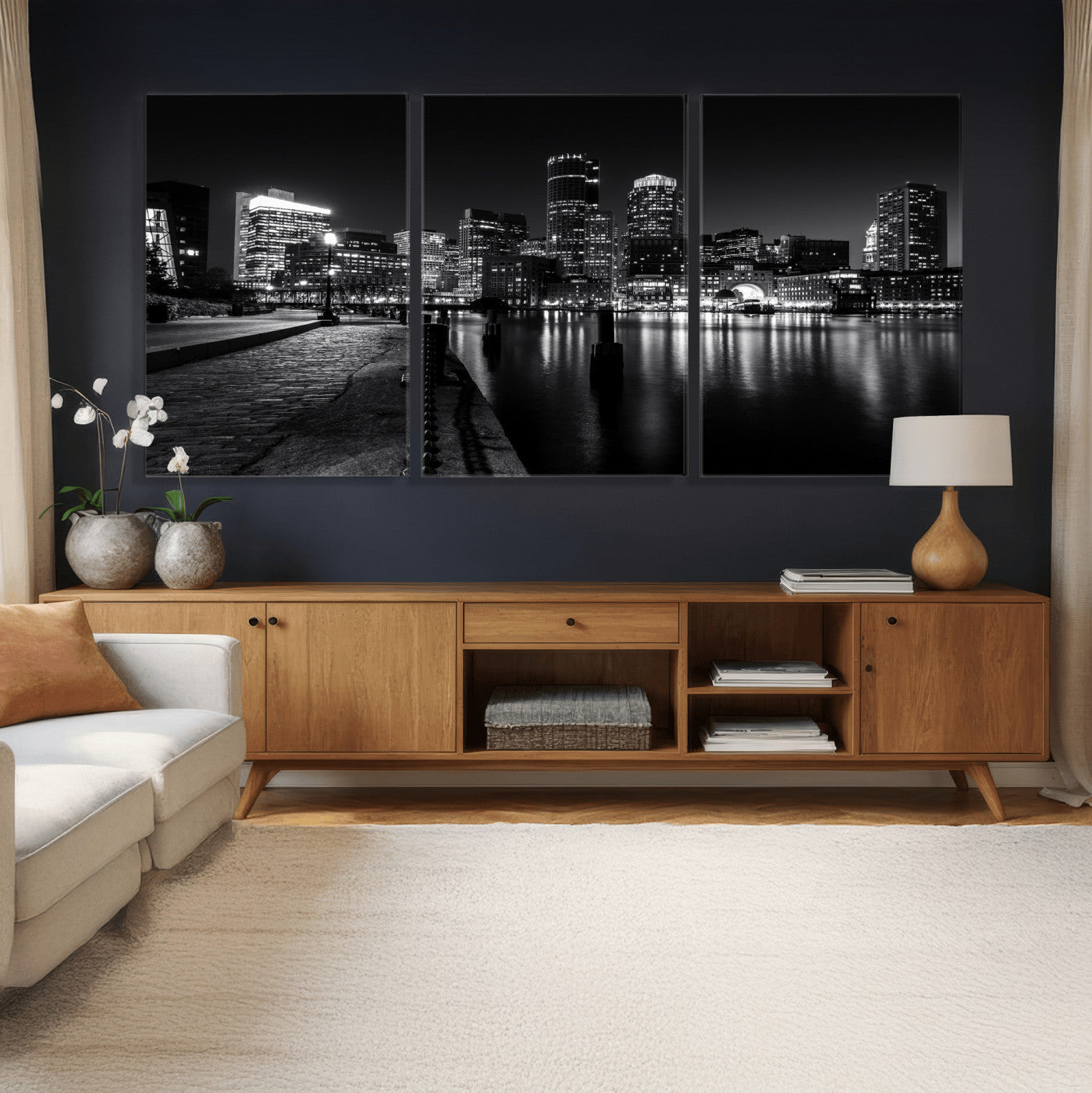 53082656-MGV-CV-36X24 - Boston Wall Art Canvas Print, Boston City Downtown Night Cityscape Print for Modern Urban Wall Decor