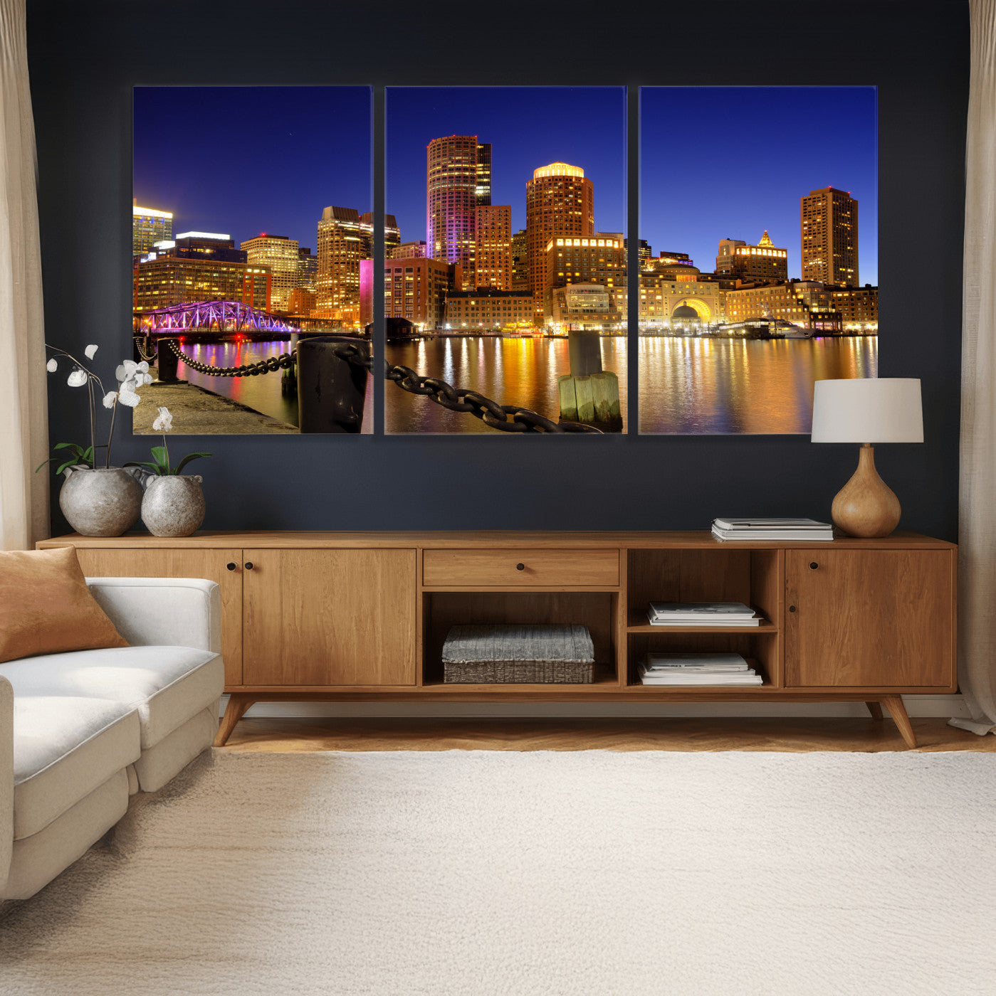56611117-MGV-CV-36X24 - Boston Wall Art Canvas Print, Boston City Downtown Night Cityscape Print for Modern Urban Wall Decor