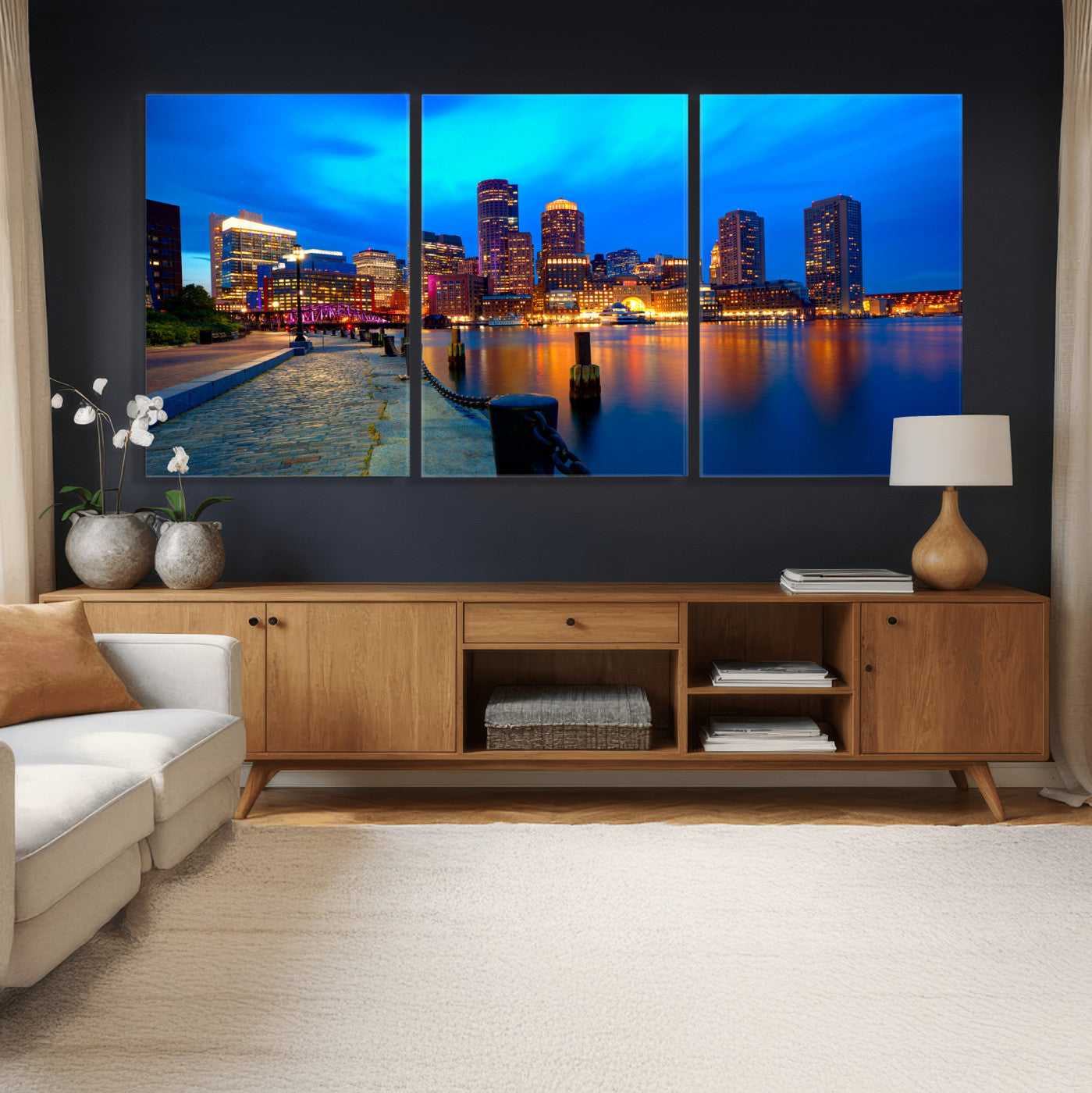 69619565-MGV-CV-36X24 - Boston Wall Art Canvas Print, Boston City Downtown Night Cityscape Print for Modern Urban Wall Decor