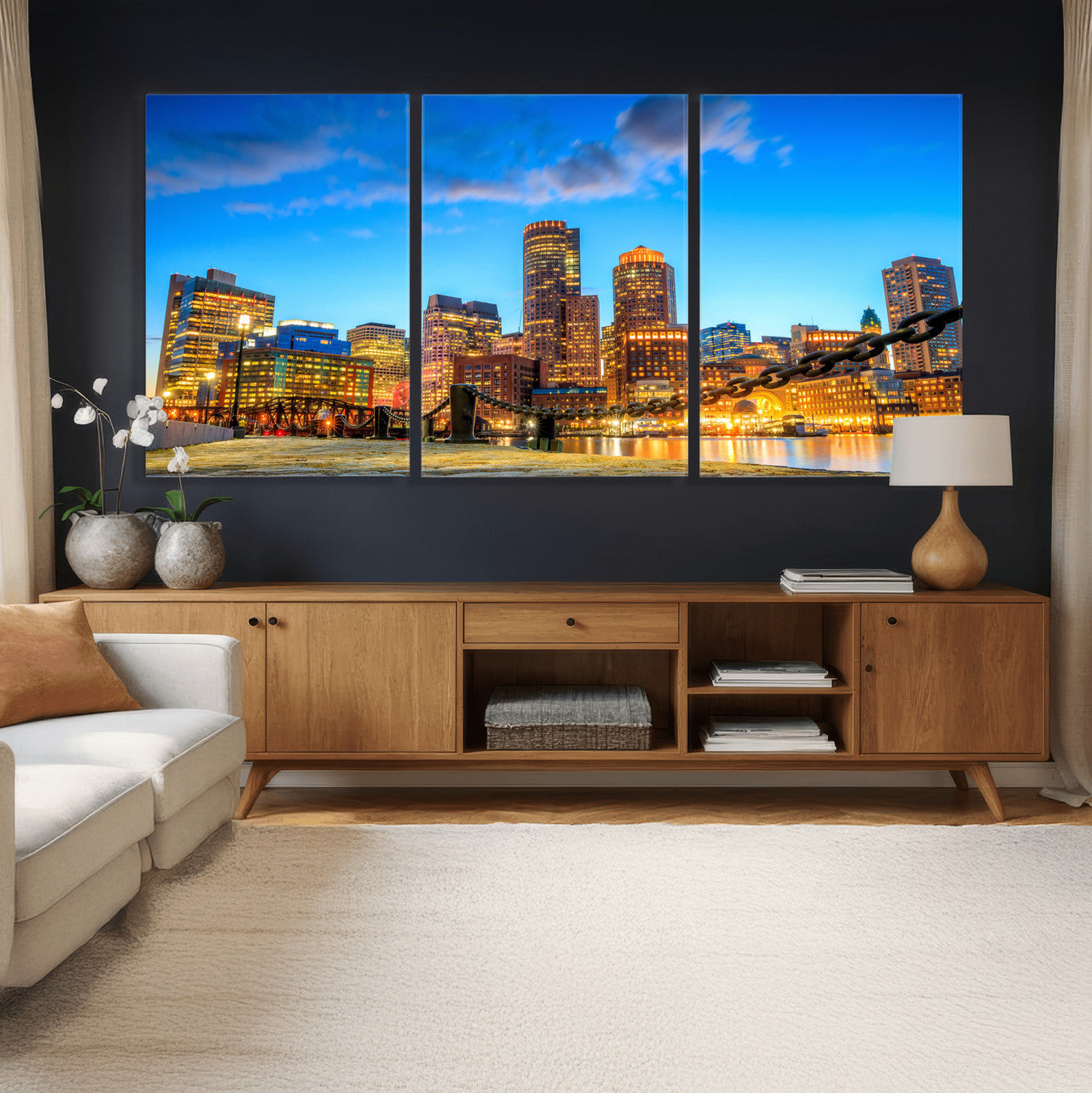 46736409-MGV-CV-36X24 - Boston Wall Art Canvas Print, Boston City Downtown Night Cityscape Print for Modern Urban Wall Decor