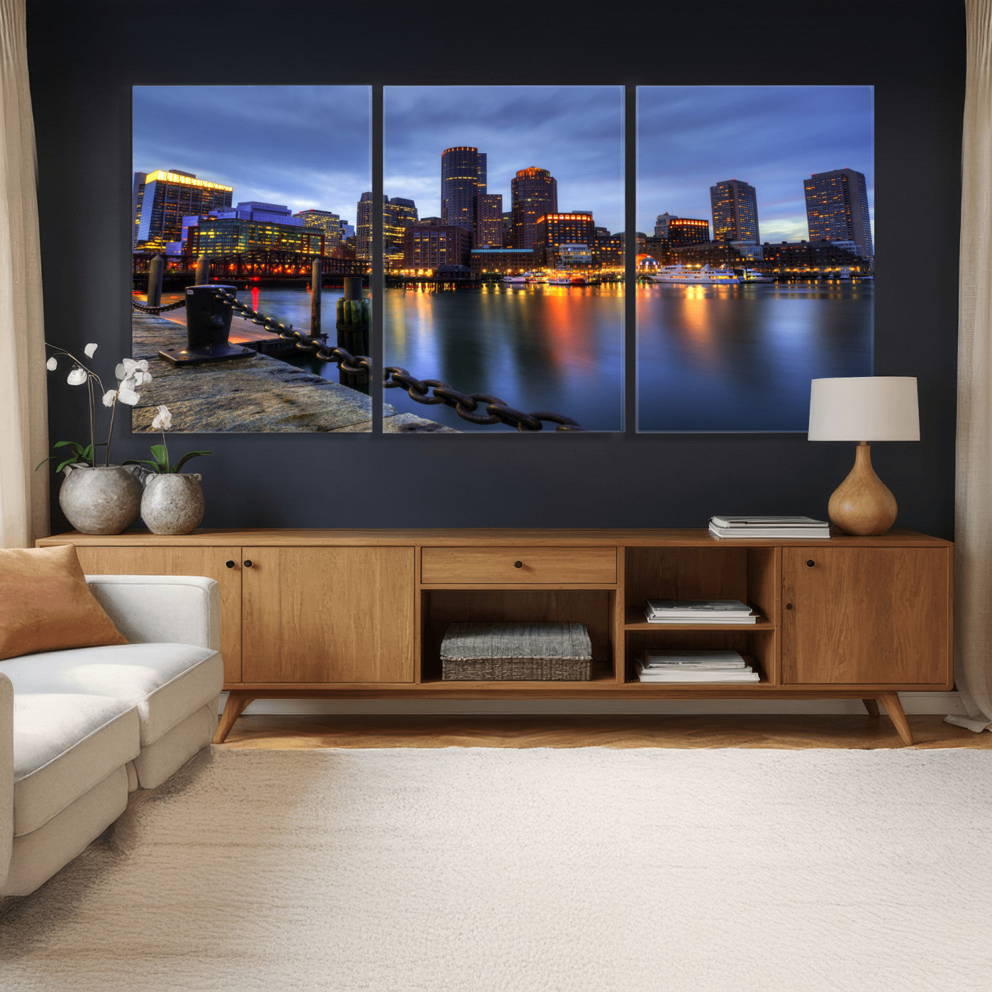82439622-MGV-CV-36X24 - Boston Wall Art Canvas Print, Boston City Downtown Night Cityscape Print for Modern Urban Wall Decor