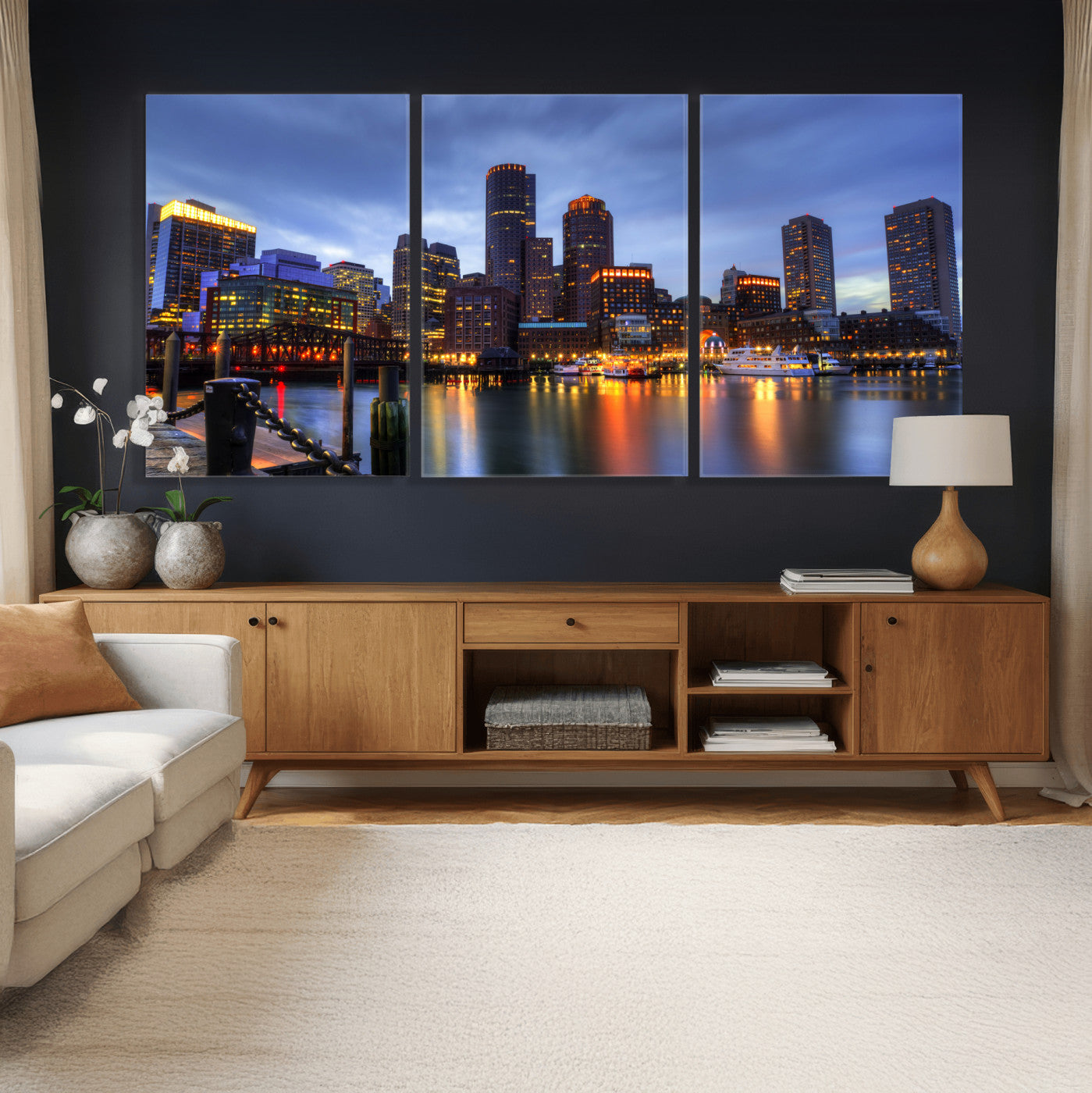 74951698-MGV-CV-60X30-3P - Boston Wall Art Canvas Print, Boston City Downtown Night Cityscape Print for Modern Urban Wall Decor