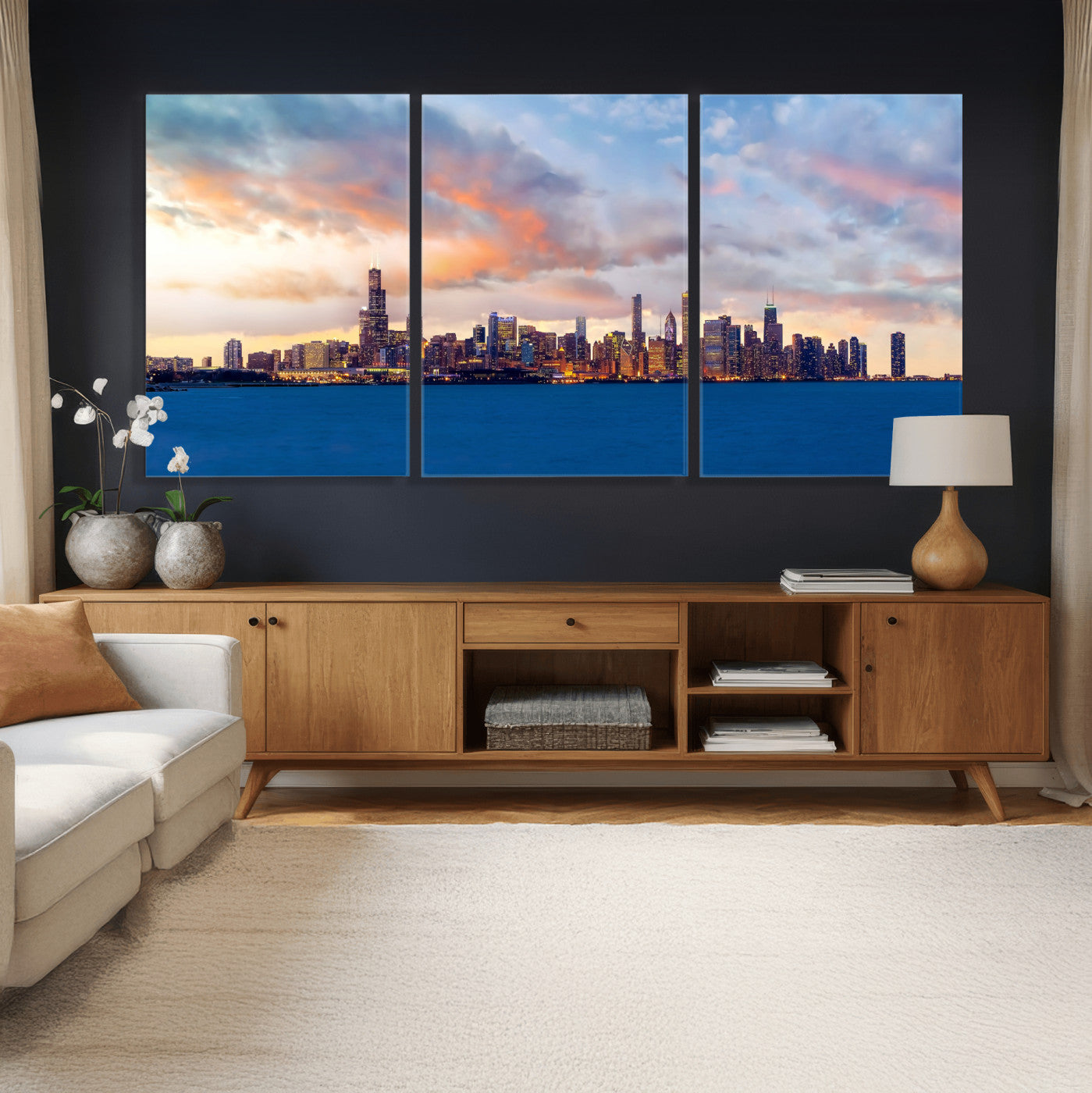 34667960-MGV-CV-36X24 - Chicago Wall Art Canvas Print, Chicago City Downtown Night Cityscape Print for Modern Urban Wall Decor
