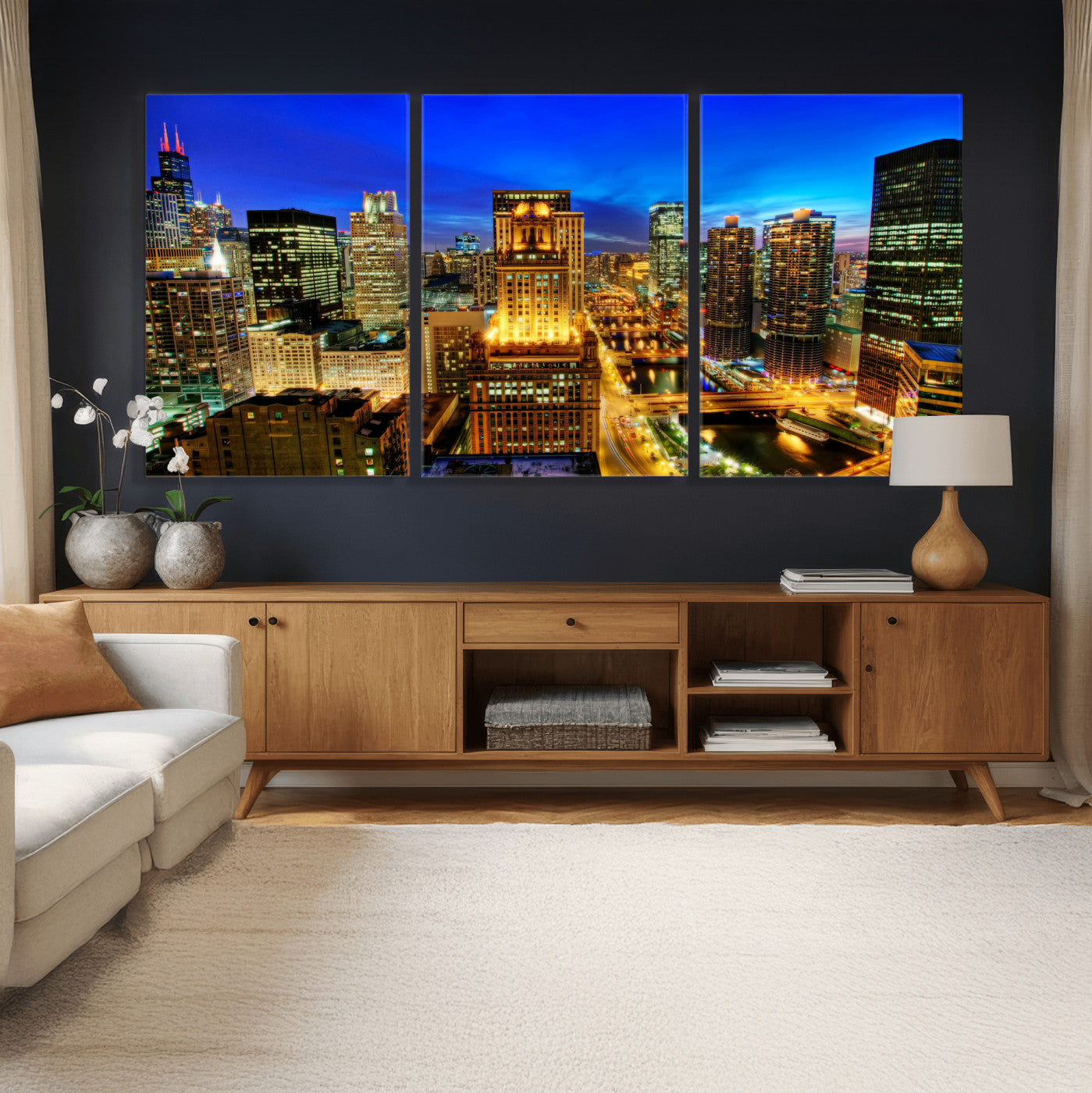 46298885-MGV-CV-36X24 - Chicago Wall Art Canvas Print, Chicago City Downtown Night Cityscape Print for Modern Urban Wall Decor