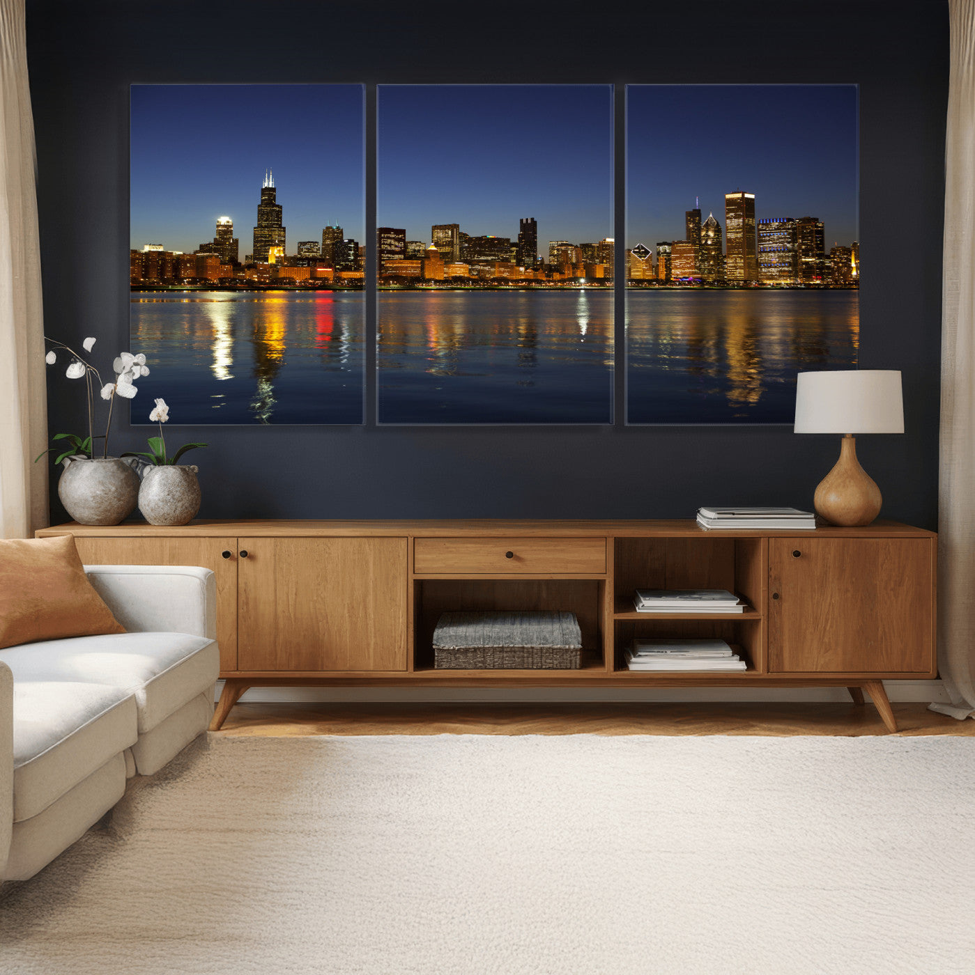 67308035-MGV-CV-36X24 - Chicago Wall Art Canvas Print, Chicago City Downtown Night Cityscape Print for Modern Urban Wall Decor