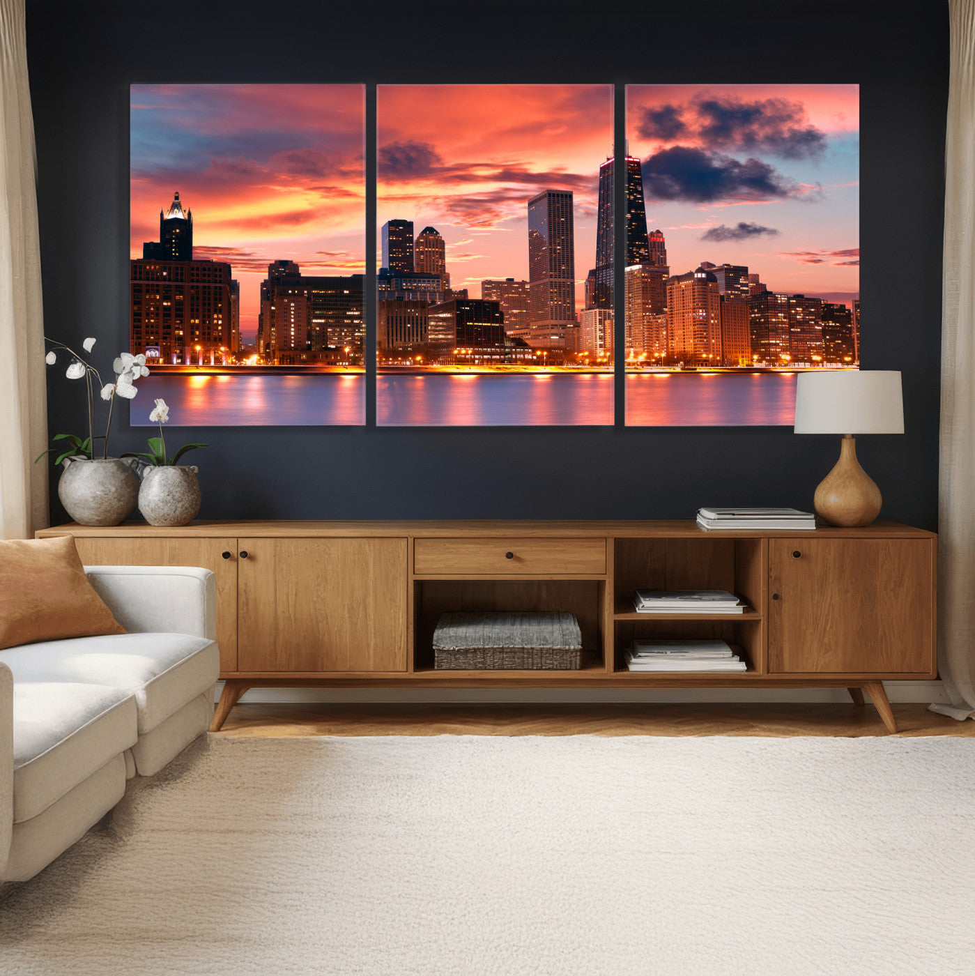 80390109-MGV-CV-36X24 - Chicago Wall Art Canvas Print, Chicago City Downtown Night Cityscape Print for Modern Urban Wall Decor