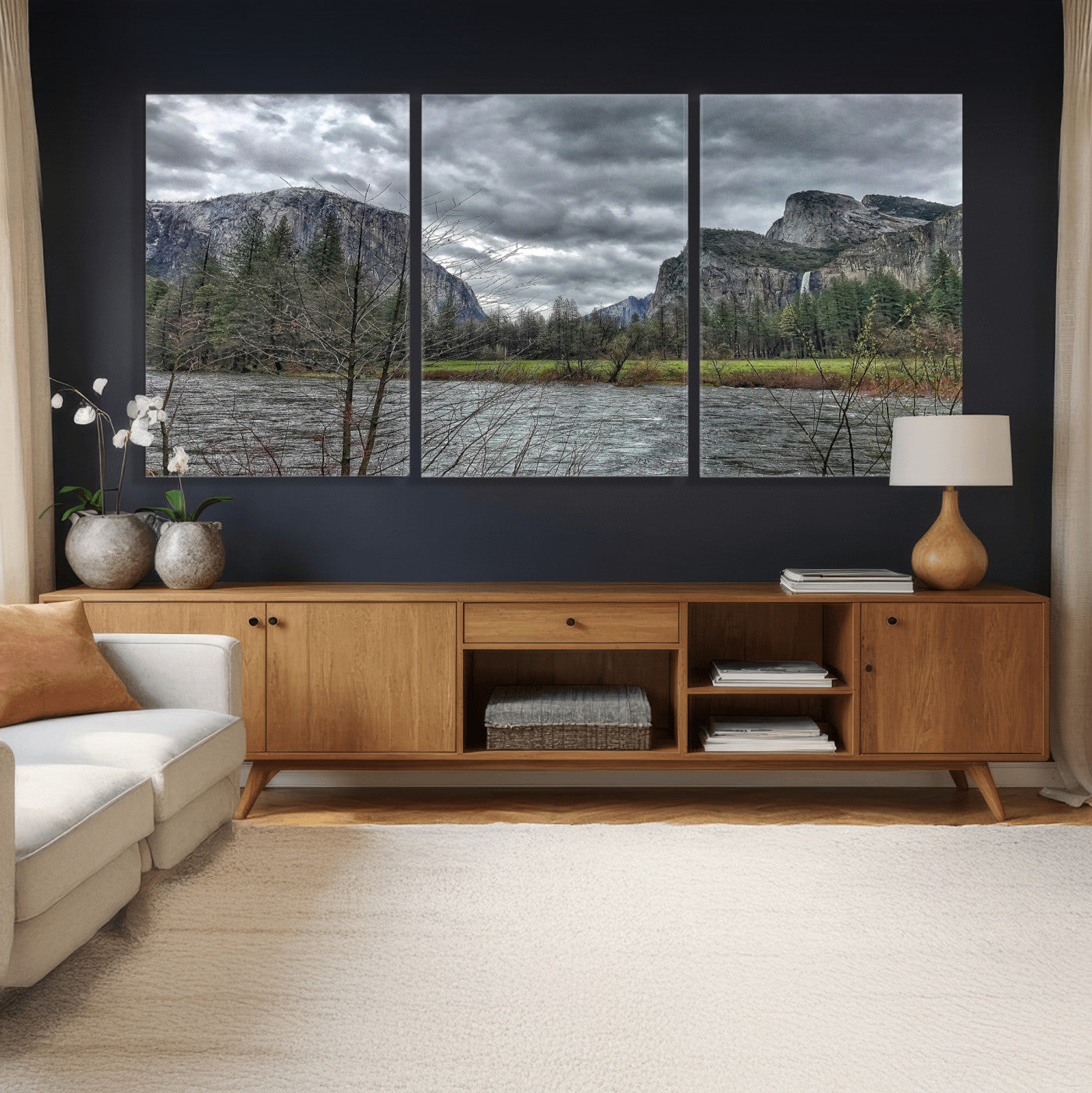 75582552-MGV-CV-36X24 - Yosemite Valley River Landscape Wall Art Canvas Print, Granite Cliffs Forest River Canvas Print, California National Park Moody Scenic Art Printi