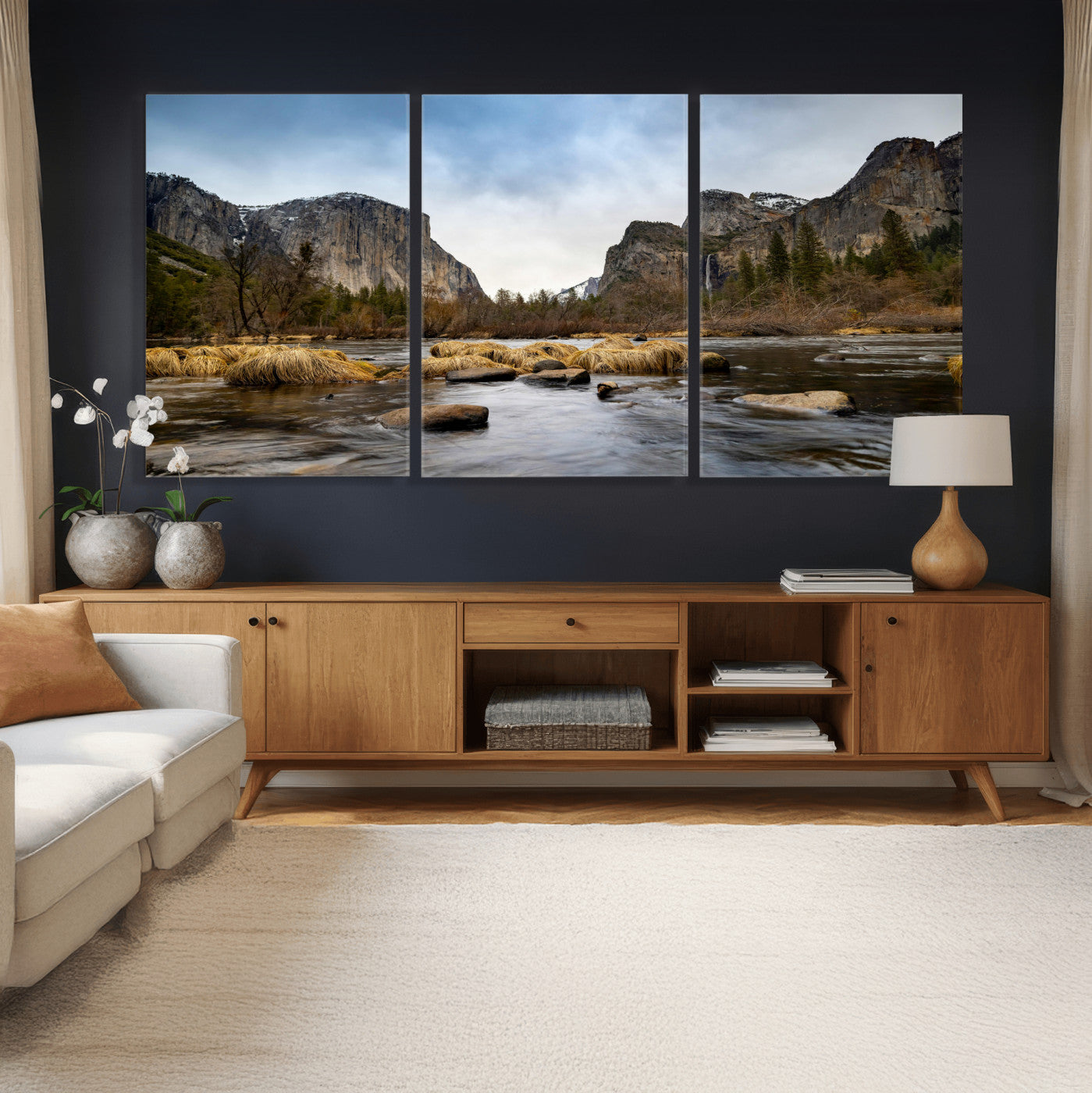 20458404-MGV-CV-36X24 - Yosemite Valley Mountain Landscape Wall Art Canvas Print, Granite Cliff Forest Valley Canvas Print, California National Park Scenic Art Printing