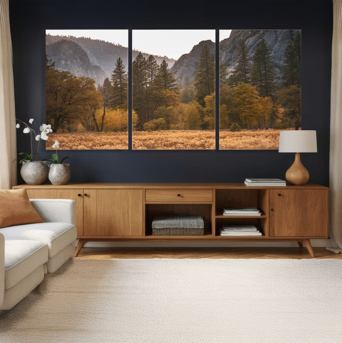 Yosemite Valley Autumn Forest Landscape Wall Art Canvas Print, Granite Mountain and Pine Trees
