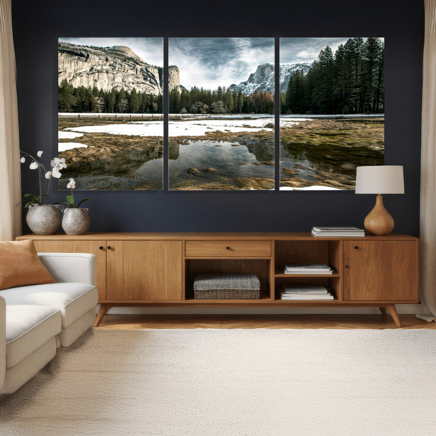 14527348-MGV-CV-36X24 - Yosemite Valley Mountain Landscape Wall Art Canvas Print, Granite Cliff Forest Valley Canvas Print, California National Park Scenic Art Printing