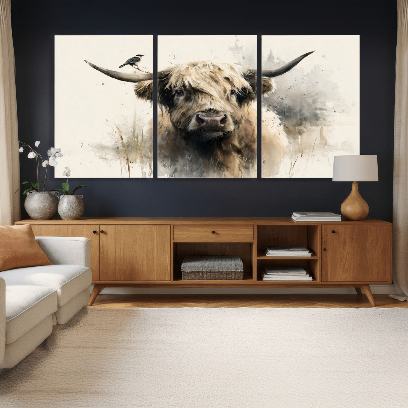 98249290-MGV-CV-36X24 - Abstract Highland Cow Watercolor Animal Wall Art Canvas Print, Rustic Farm Cattle Portrait Canvas Print, Neutral Wildlife Farmhouse Art Printing