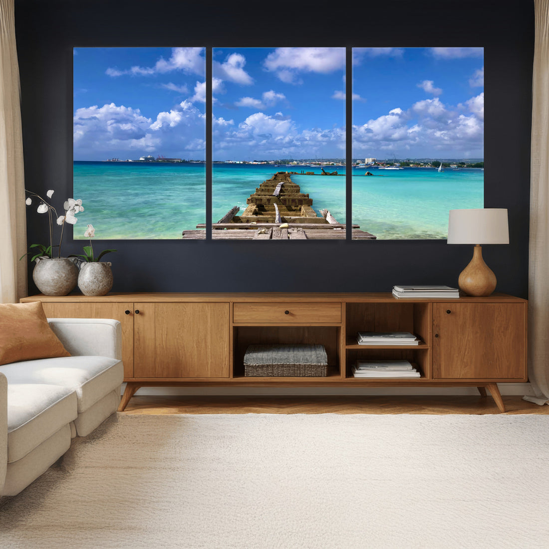Caribbean Ocean Pier Seascape Wall Art Canvas Print, Turquoise Tropical Harbor
