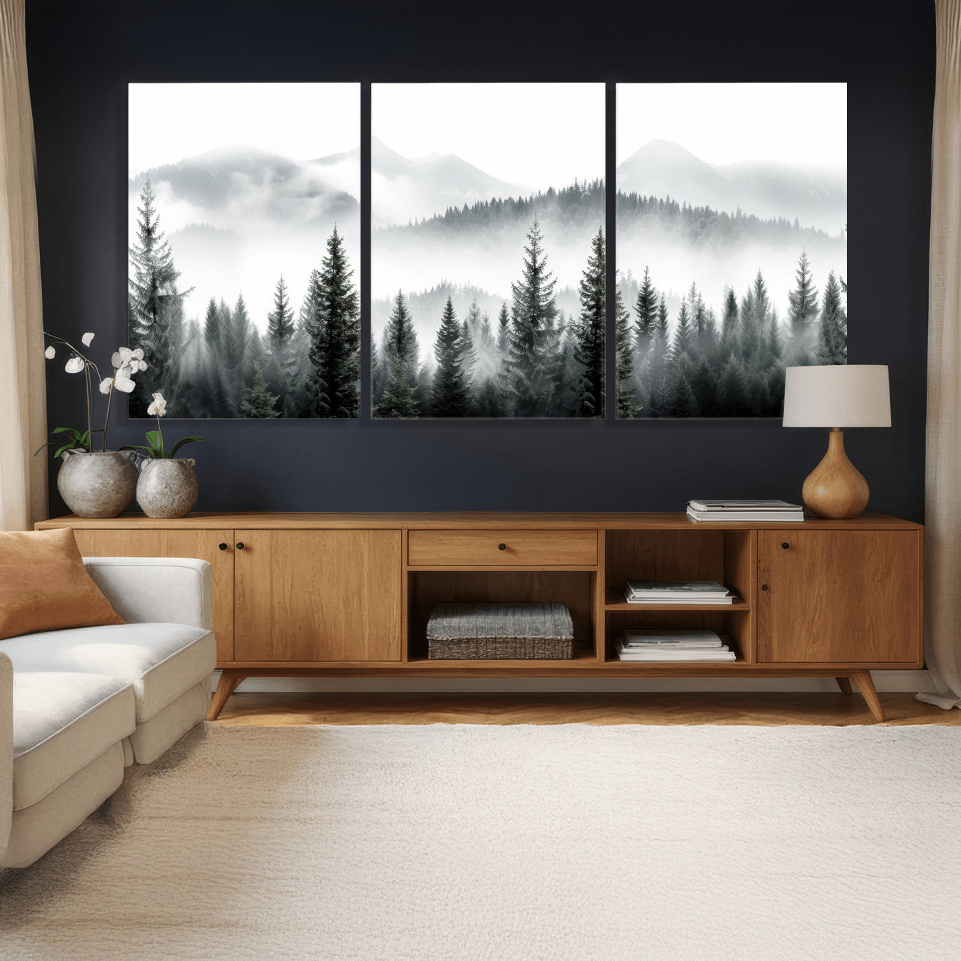 38819032-MGV-CV-36X24 - Misty Pine Forest Mountain Landscape Wall Art Canvas Print, Foggy Evergreen Trees Minimal Nature Canvas Print, Monochrome Wilderness Scenic Art Printing