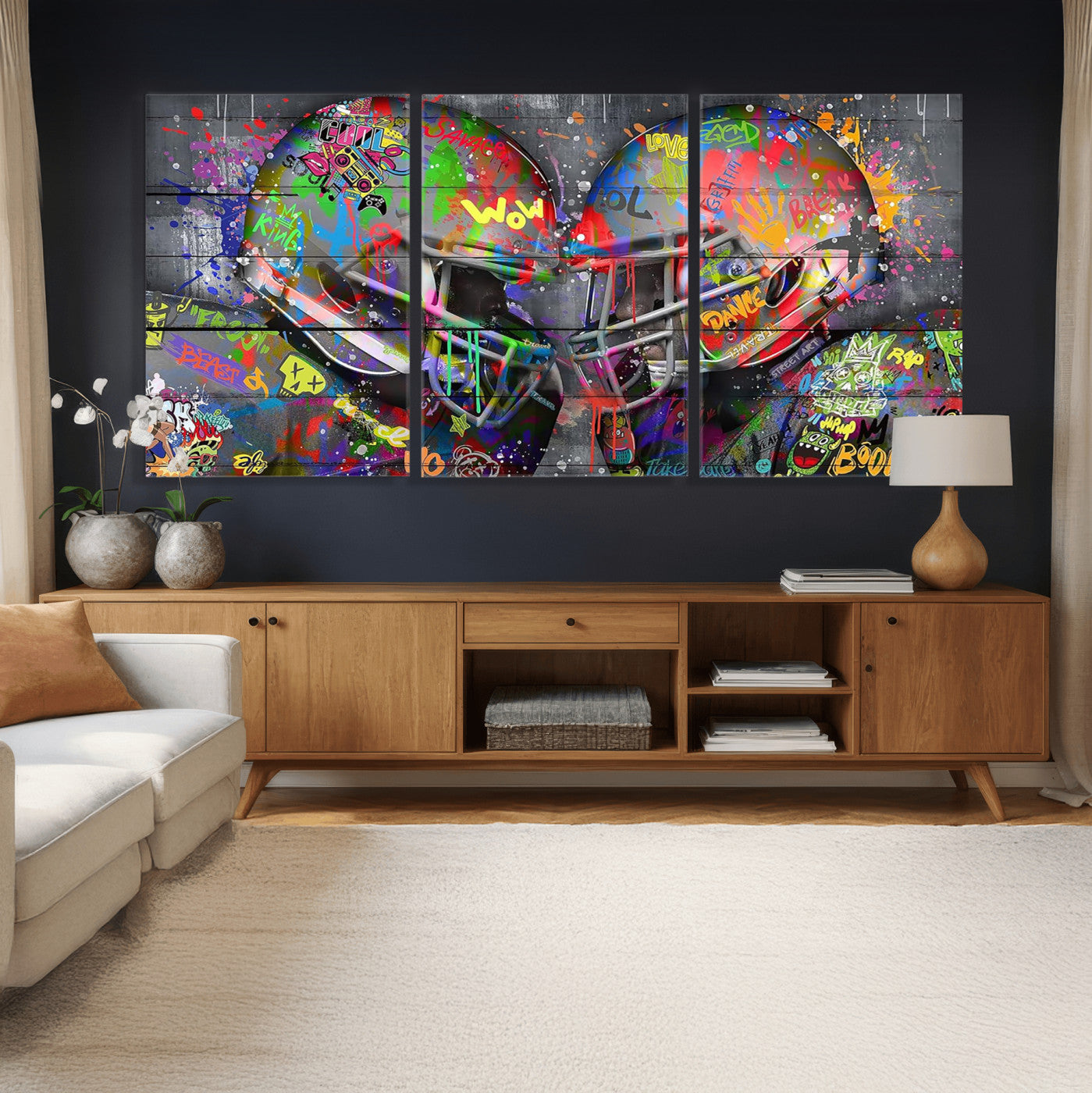 15309853-MGV-CV-36X24 - Graffiti Football Helmets Wall Art Canvas Print, Urban Street Art Sports Decor, Colorful American Football Graffiti Artwork