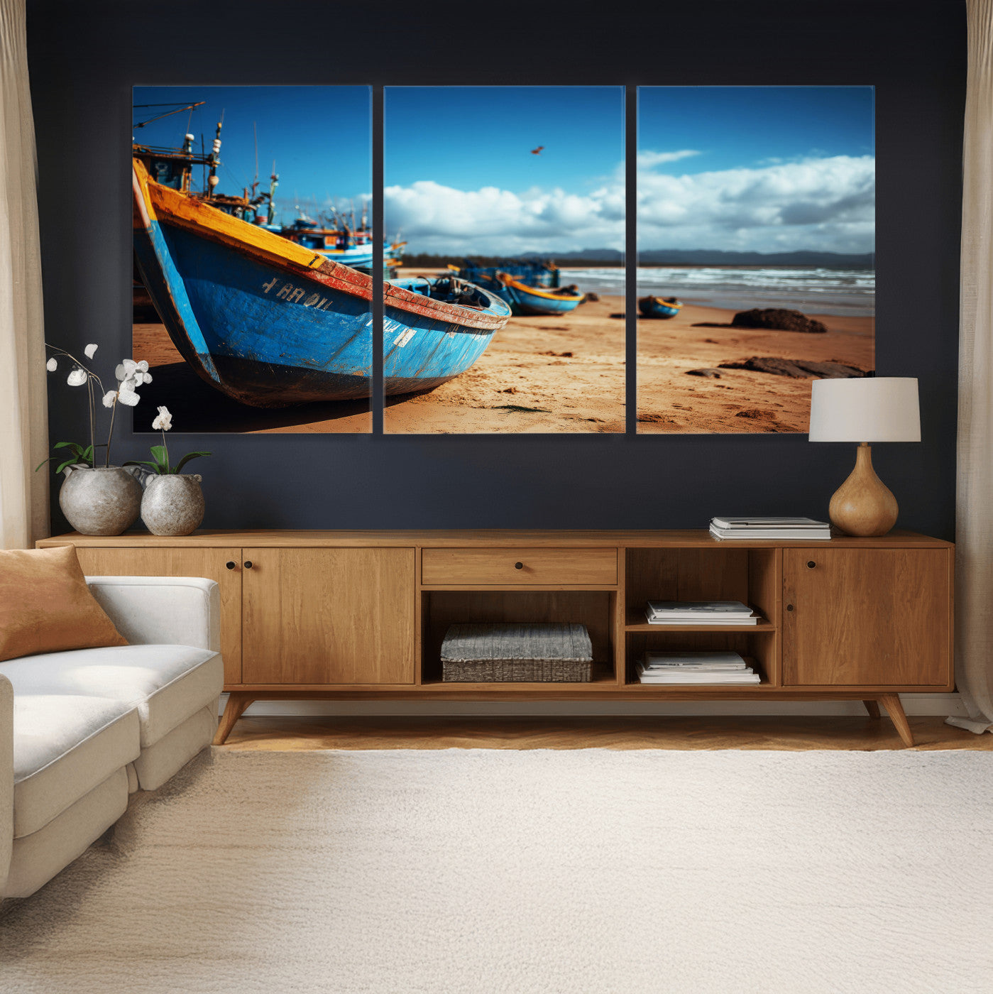 70925201-MGV-CV-36X24 - Fishing Boats Wall Art Canvas Print, Coastal Boat Beach Scene, Nautical Seaside Artwork, Ocean Shore Decor, Coastal Home Wall Art