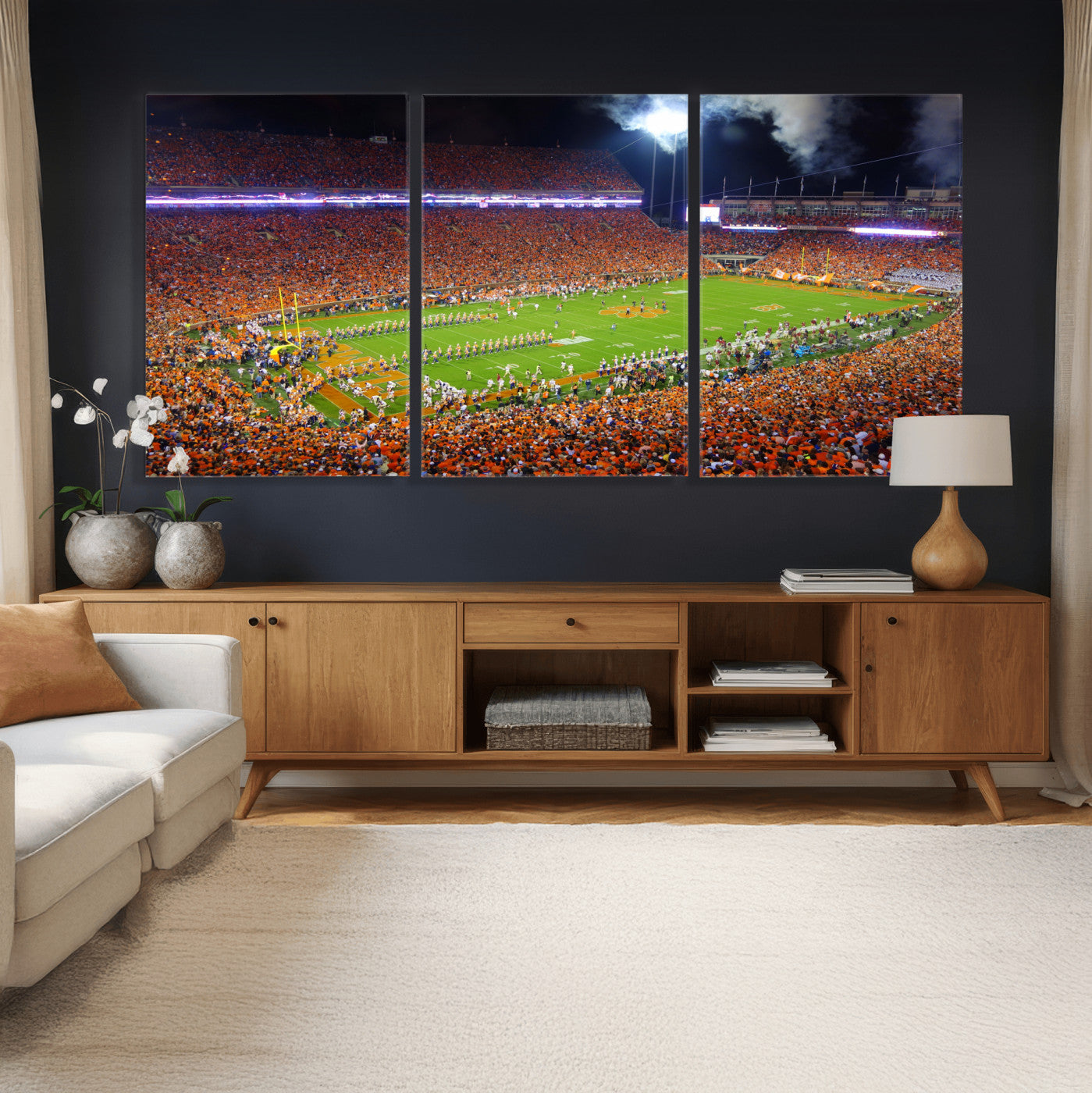 43662631-MGV-CV-36X24 - Clemson Football Stadium Wall Art Canvas Print, College Football Crowd Night Game Scene, Orange Stadium Panorama Wall Decor