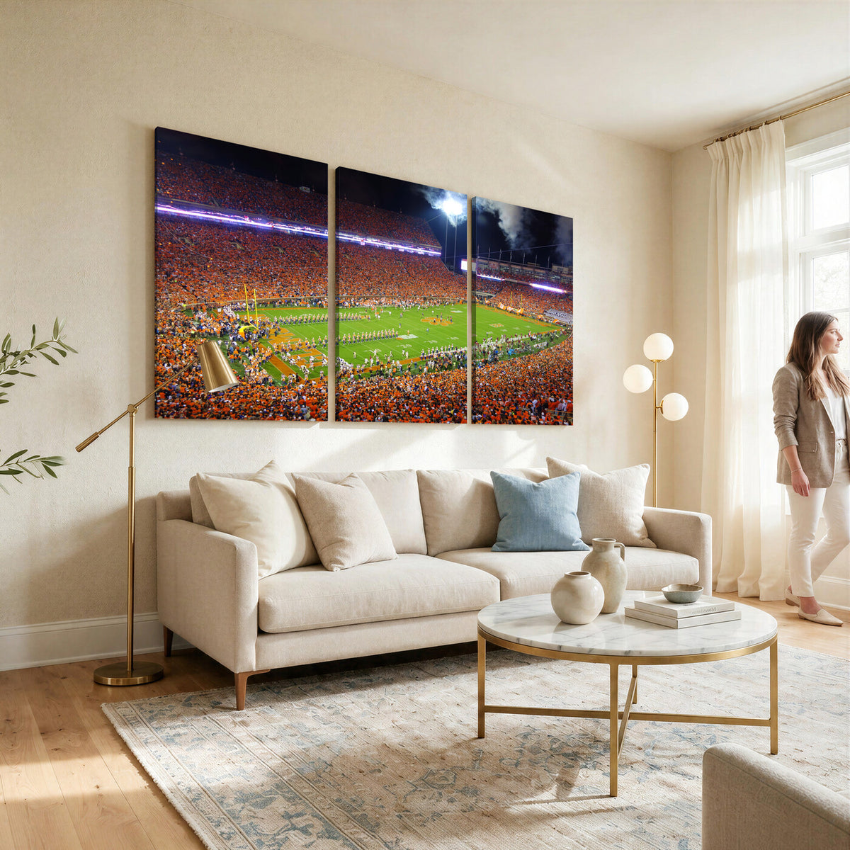 43662631-MGV-CV-36X24 - Clemson Football Stadium Wall Art Canvas Print, College Football Crowd Night Game Scene, Orange Stadium Panorama Wall Decor