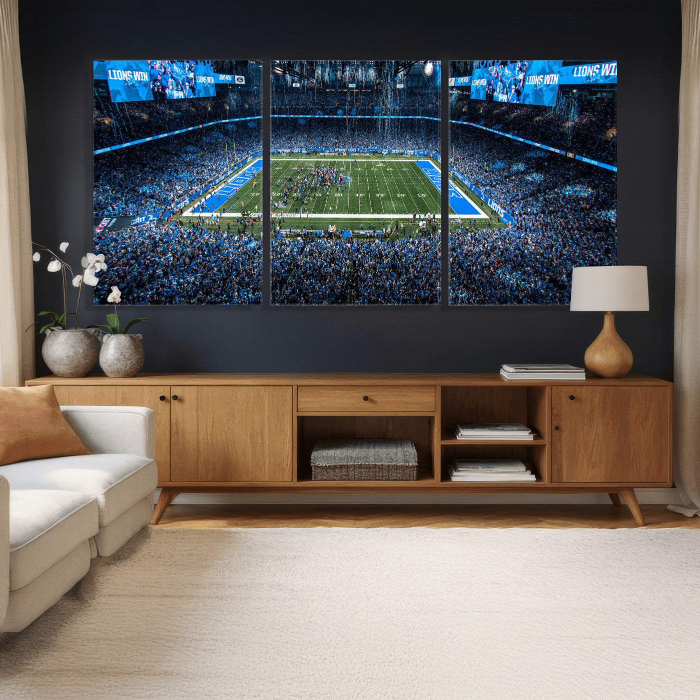 80882005-MGV-CV-36X24 - Detroit Lions Stadium Wall Art Canvas Print, Football Field Panorama Artwork, NFL Game Night Stadium Decor