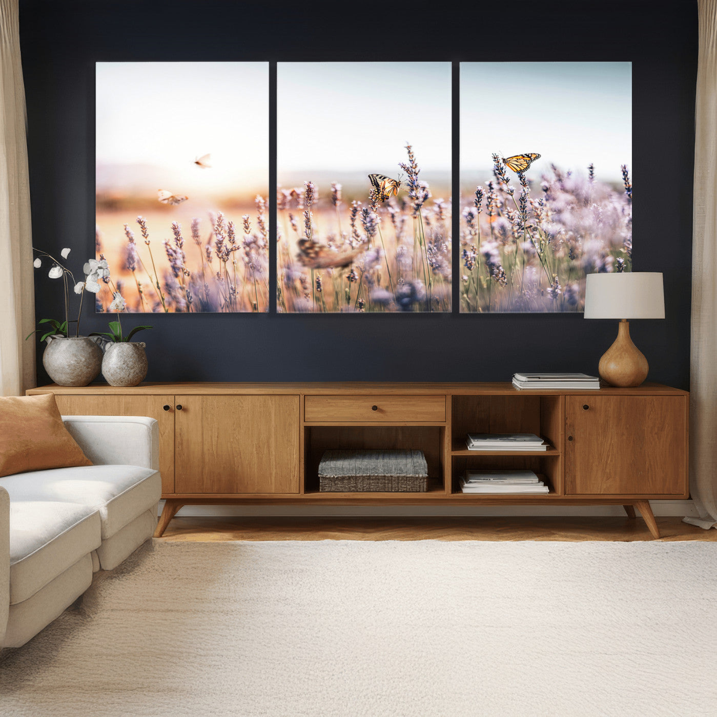 46417478-MGV-CV-36X24 - Lavender Field Wall Art Canvas Print, Butterfly Floral Landscape Art, Soft Nature Wall Decor for Bedroom